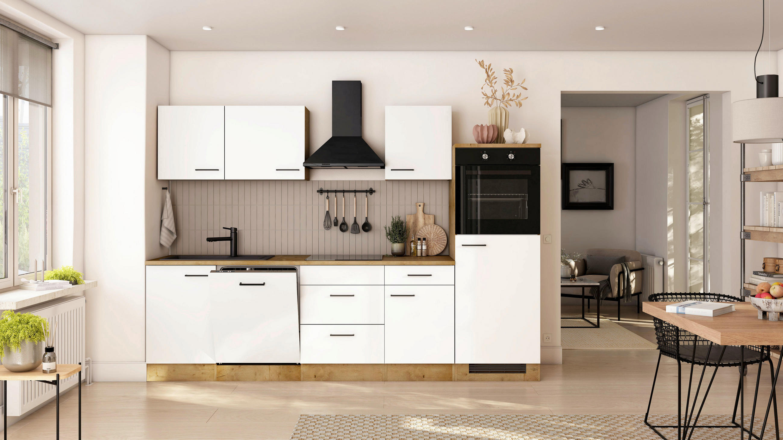 KÜCHENBLOCK 280 cm  in Eichefarben, Magnolie  - Eichefarben/Magnolie, Trend, Holzwerkstoff/Metall (280cm) - FlexWell