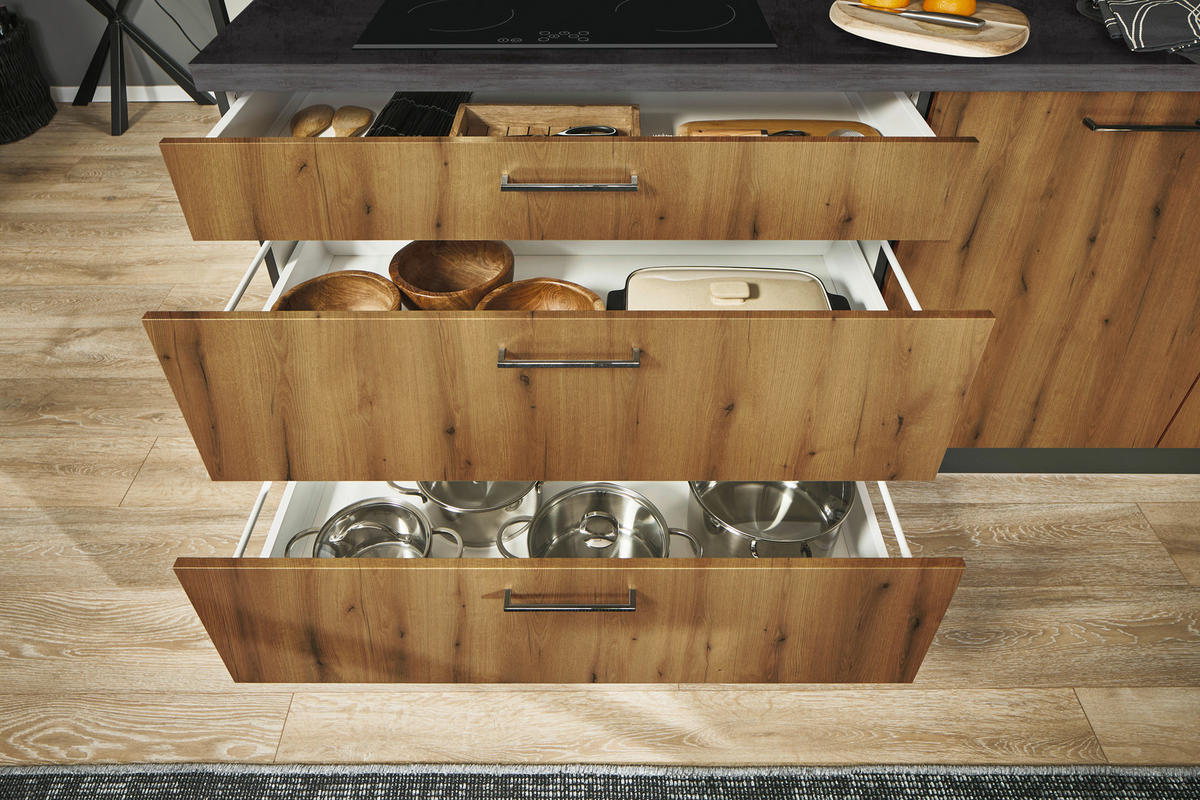 ECKKÜCHE - Chromfarben/Eichefarben, Design, Holzwerkstoff/Metall (220/120cm) - Xora