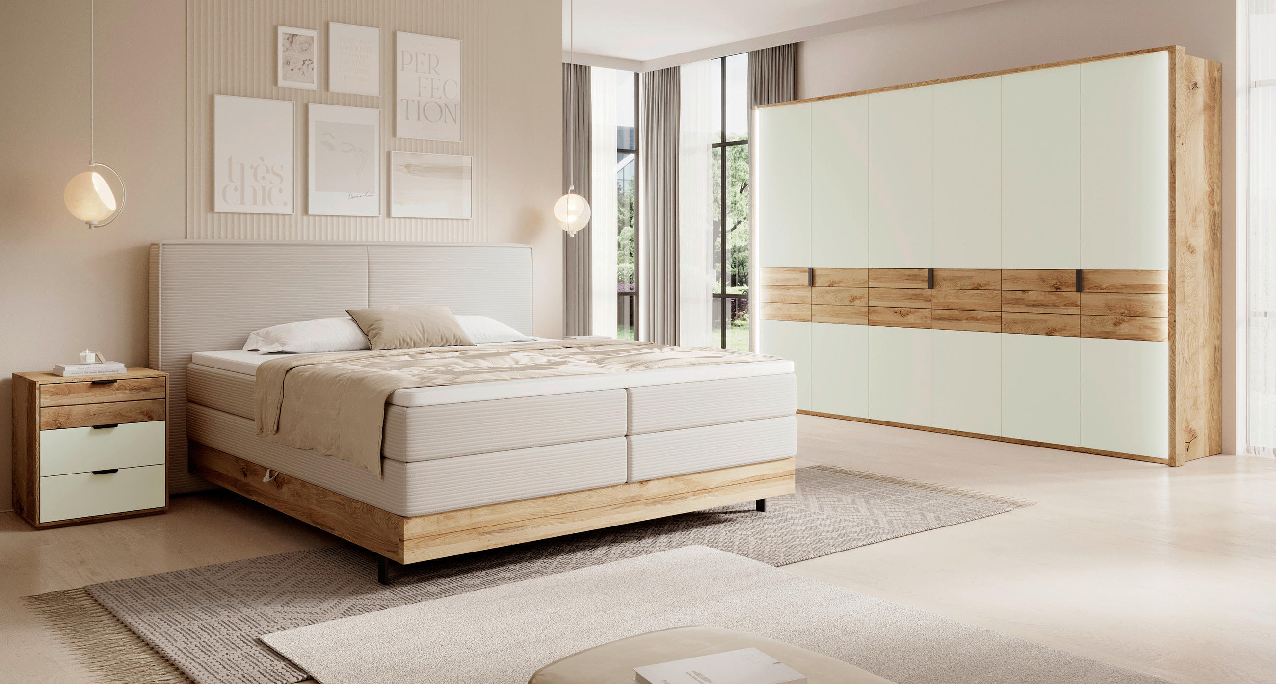 DREHTÜRENSCHRANK 302/214/62 cm 6-türig Eichefarben, Kaschmir  - Kaschmir/Eichefarben, Natur, Glas/Holz (302/214/62cm) - Valnatura