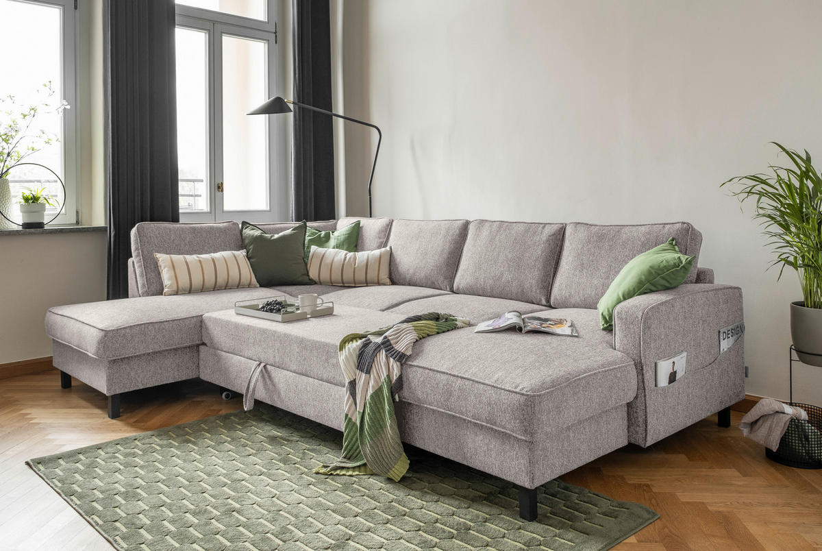 SJEDEĆA GARNITURA tekstil  sivo-bijela   - sivo-bijela/crna, tekstil/drvo (198/298/148cm) - MID.YOU