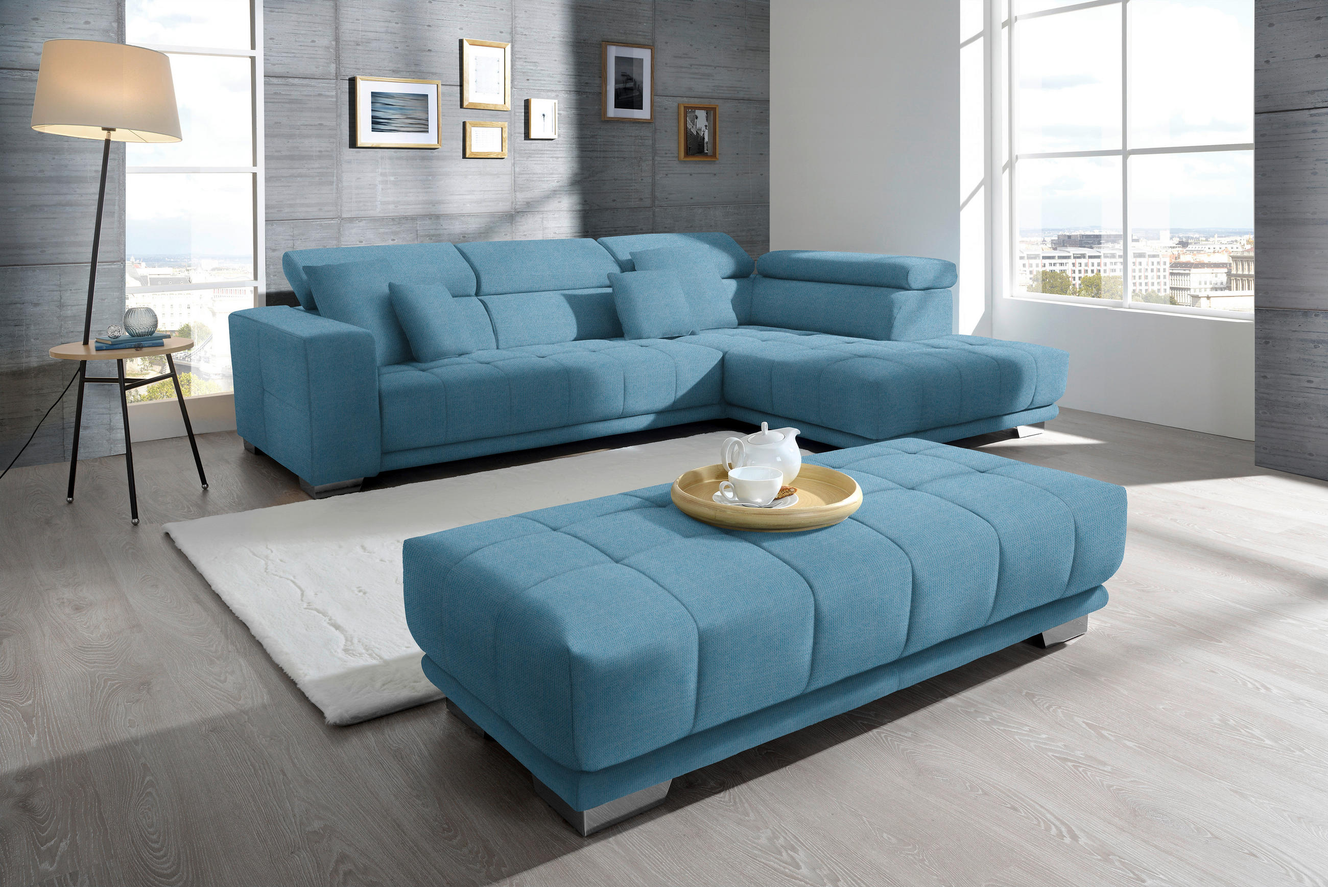 ECKSOFA in Mikrofaser Pastellblau  - Chromfarben/Pastellblau, Design, Textil/Metall (301/207cm) - Xora