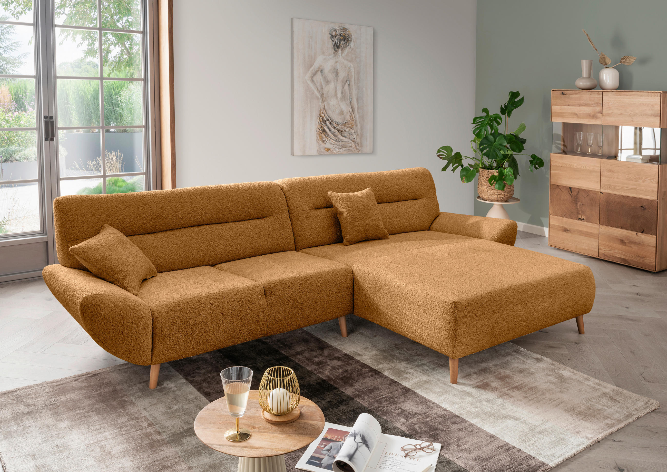 ECKSOFA Goldfarben Bouclé  - Wildeiche/Goldfarben, KONVENTIONELL, Holz/Textil (290cm) - MID.YOU
