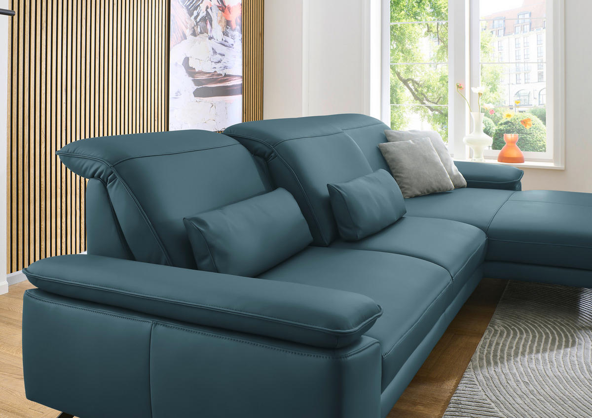 ECKSOFA in Echtleder Blau  - Blau/Schwarz, Design, Leder/Metall (332/193cm) - Dieter Knoll