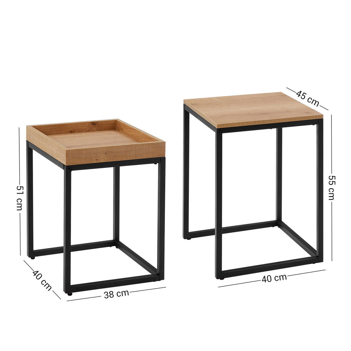 BEISTELLTISCHSET in Metall, Holzwerkstoff 40/38-45/51-55 cm  - Eichefarben, Basics, Holzwerkstoff/Metall (40/38-45/51-55cm) - Boxxx