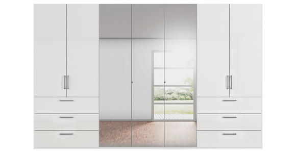 DREHTÜRENSCHRANK 350/235/61 cm,  in Weiß, Weiß Hochglanz, 7-türig  - Chromfarben/Edelstahlfarben, Basics, Glas/Holzwerkstoff (350/235/61cm) - Novel