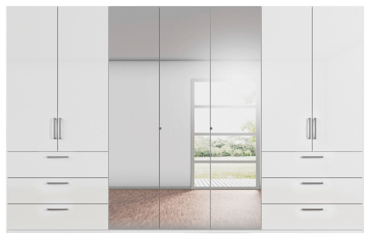 DREHTÜRENSCHRANK 350/235/61 cm,  in Weiß, Weiß Hochglanz, 7-türig  - Chromfarben/Edelstahlfarben, Basics, Glas/Holzwerkstoff (350/235/61cm) - Novel