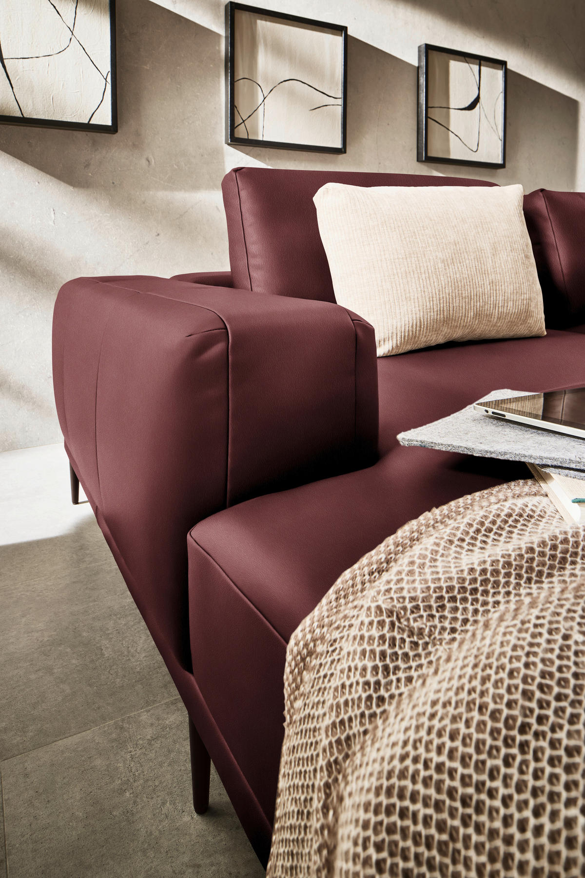 ECKSOFA Echtleder Bordeaux  - Bordeaux/Schwarz, Design, Leder/Metall (201/304cm) - Belluti