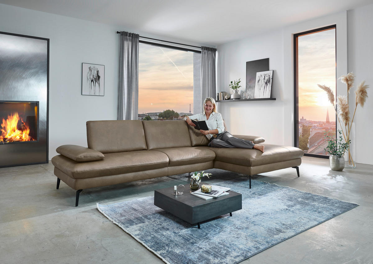 ECKSOFA in Echtleder Graubraun  - Graubraun/Schwarz, Design, Leder/Metall (325/157cm) - Dieter Knoll