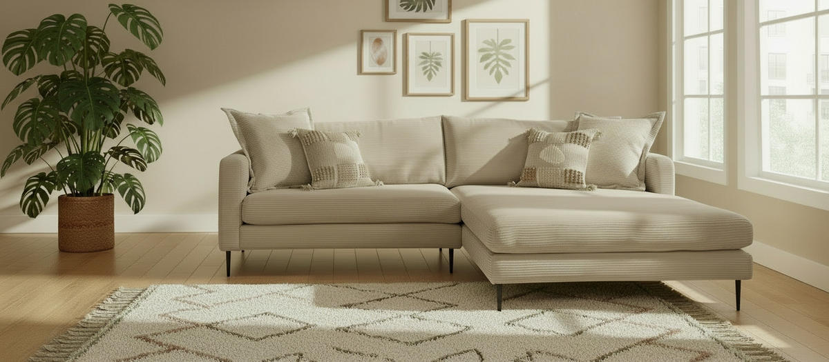 KOTNA ZOFA, rebrasti žamet svetlo rjava  - svetlo rjava/črna, Design, kovina/tekstil (268/193cm) - P & B