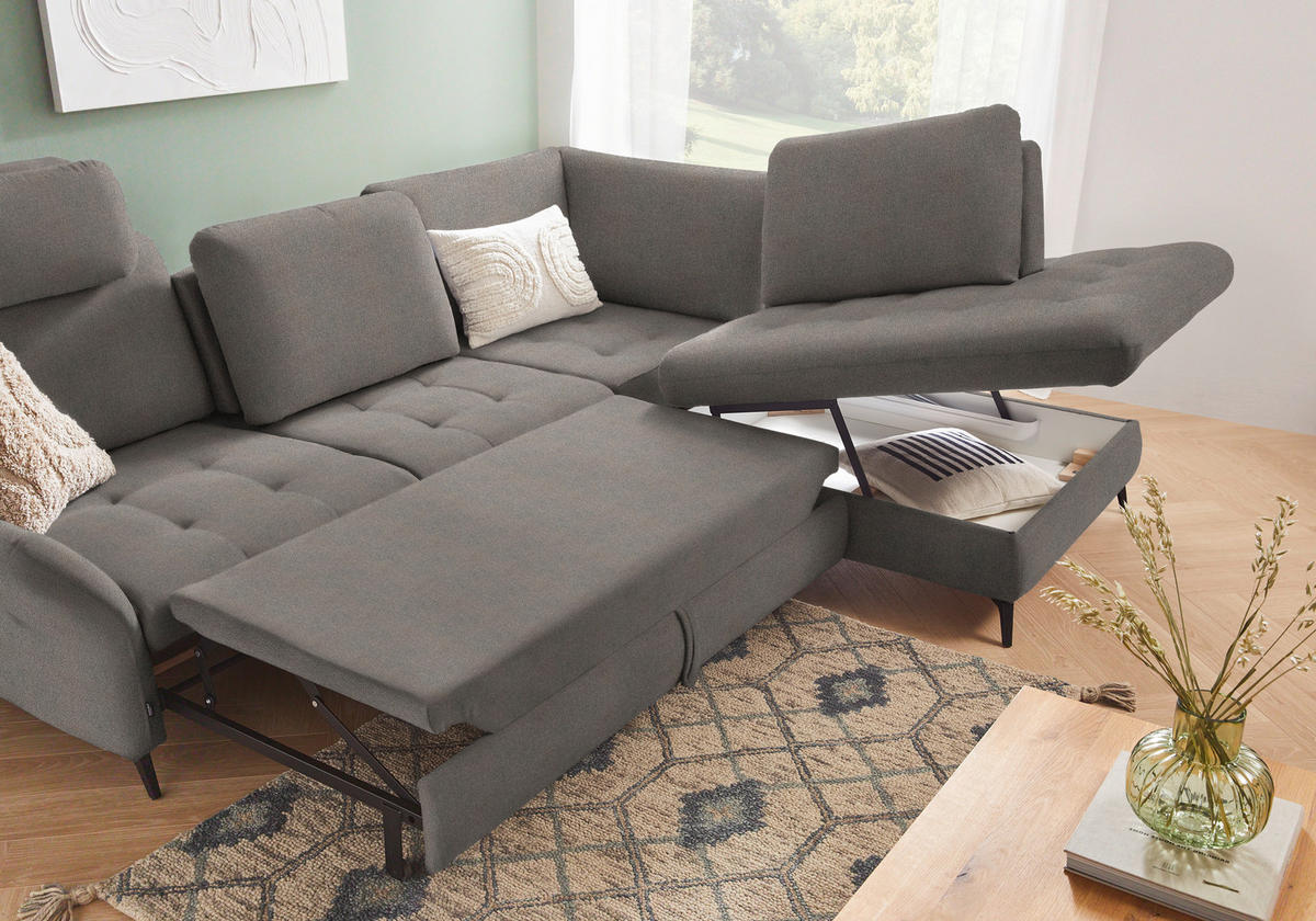ECKSOFA Greige Flachgewebe  - Greige/Schwarz, Natur, Textil/Metall (288/233cm) - Valnatura