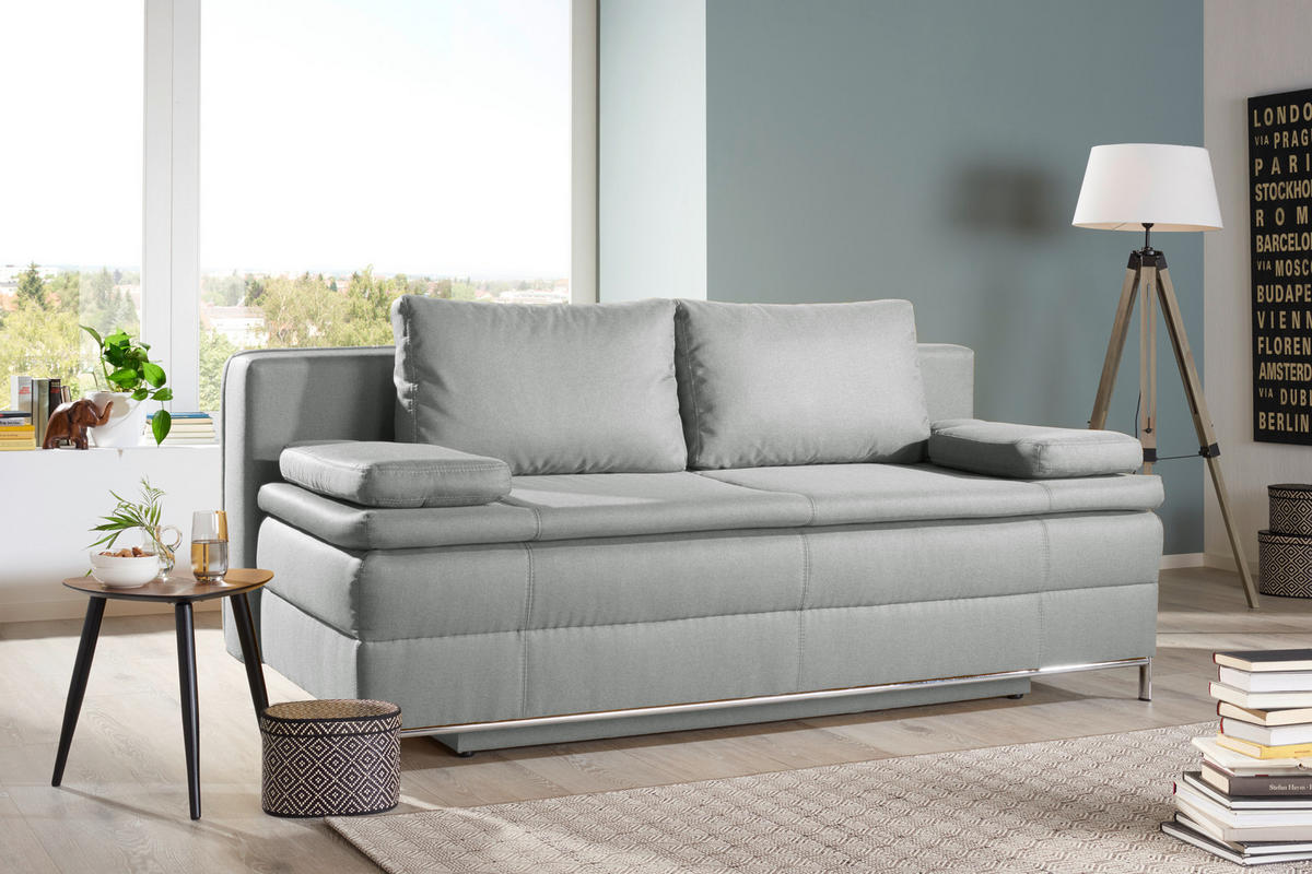 BOXSPRINGSOFA  mit Stoffauswahl, Schlafen auf Sitzhöhe Flachgewebe Hellgrau  - Chromfarben/Hellgrau, Design, Textil/Metall (200/93/107cm) - Novel