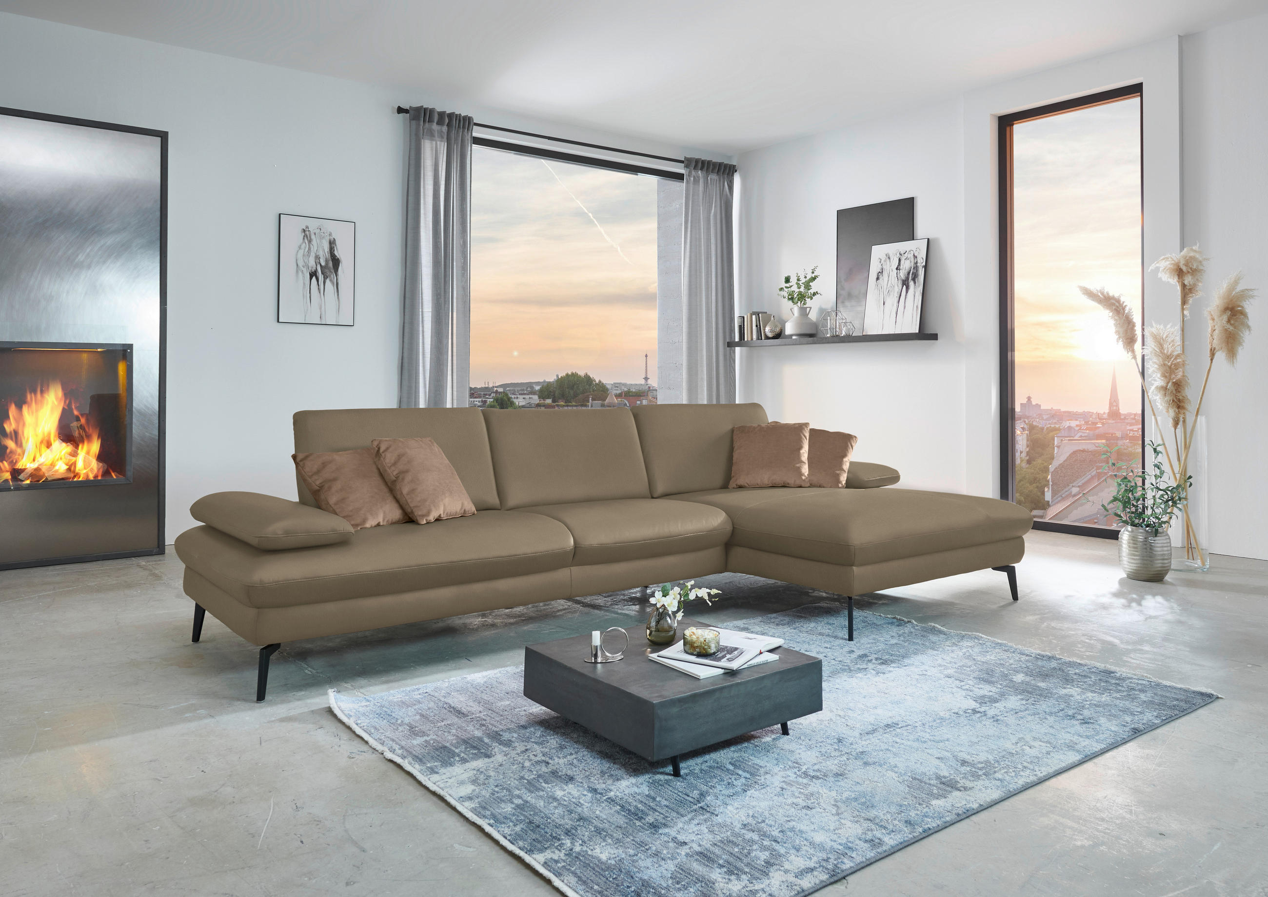 ECKSOFA in Echtleder Hellbraun  - Hellbraun/Schwarz, Design, Leder/Metall (325/157cm) - Dieter Knoll