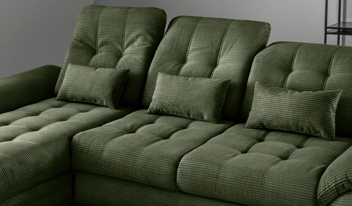 ECKSCHLAFSOFA  mit seitenverkehrt erhältlich, Rücken echt, Armteil links, Armteil rechts Cord Dunkelgrün  - Dunkelgrün/Schwarz, MODERN, Textil/Metall (189/273cm) - Livetastic