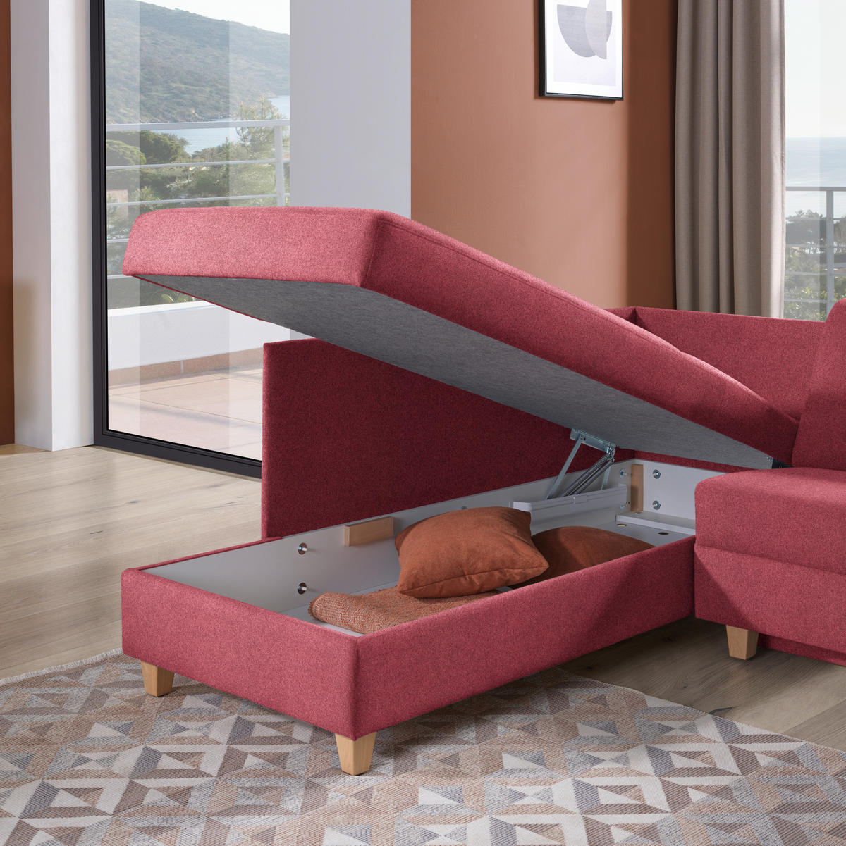 ECKSOFA in Flachgewebe Bordeaux  203/261 cm  - Eichefarben/Bordeaux, KONVENTIONELL, Holz/Textil (203/261cm) - Sedda