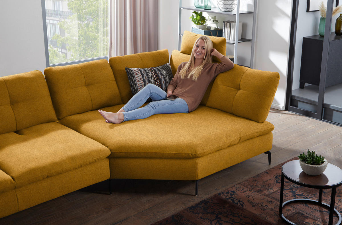 ECKSOFA in Flachgewebe Currygelb  - Currygelb/Schwarz, Design, Textil/Metall (344/157cm) - Chilliano