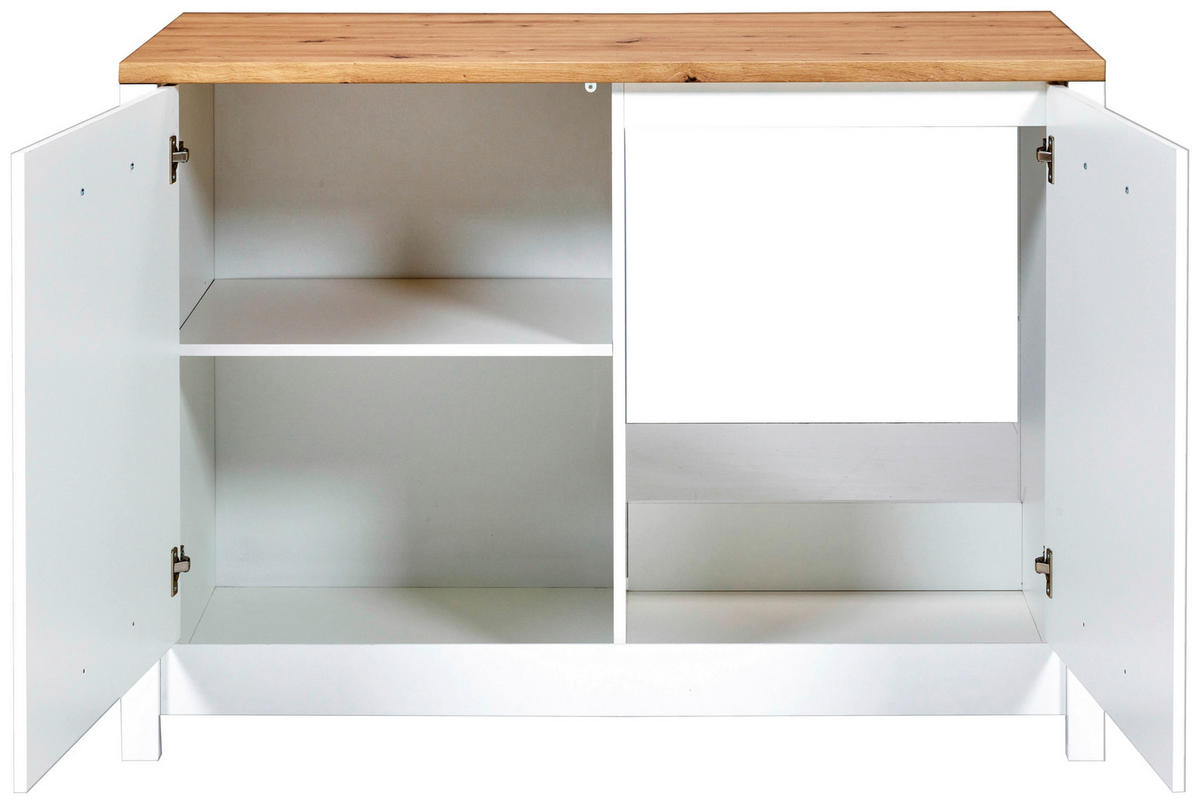 SPÜLENUNTERSCHRANK 130/92/60 cm  in Weiß, Eiche Artisan  - Silberfarben/Eiche Artisan, MODERN, Holzwerkstoff/Metall (130/92/60cm) - home24