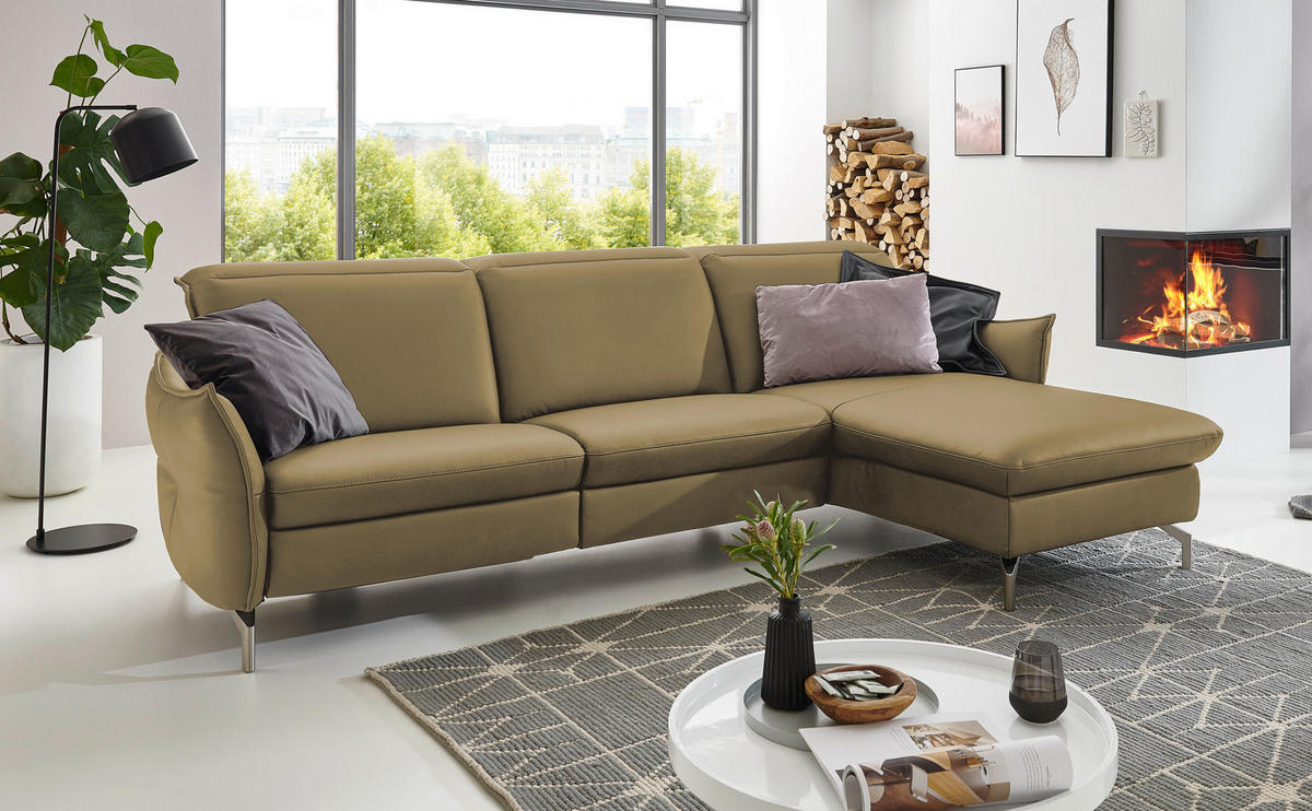 ECKSOFA Lederlook (vegan) Olivgrün  - Olivgrün/Nickelfarben, Modern, Textil/Metall (263/179cm) - Livetastic