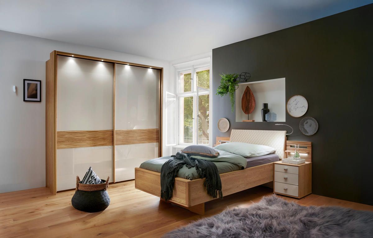 SCHWEBETÜRENSCHRANK  in Eichefarben, Champagner  - Champagner/Eichefarben, KONVENTIONELL, Glas/Holz (200/217/67cm) - Venda