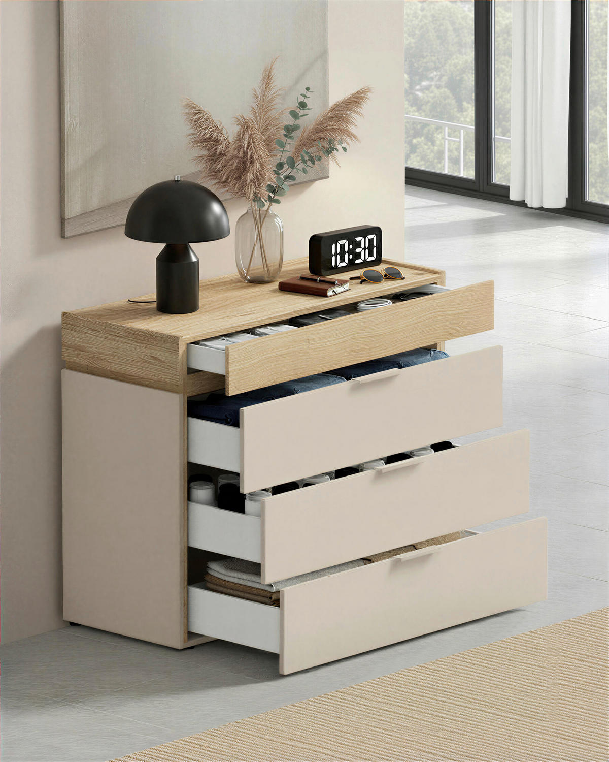 KOMODA, barve hrasta, kašmir  - kašmir/črna, Moderno, kovina/umetna masa (110/94/52cm) - Hom`in