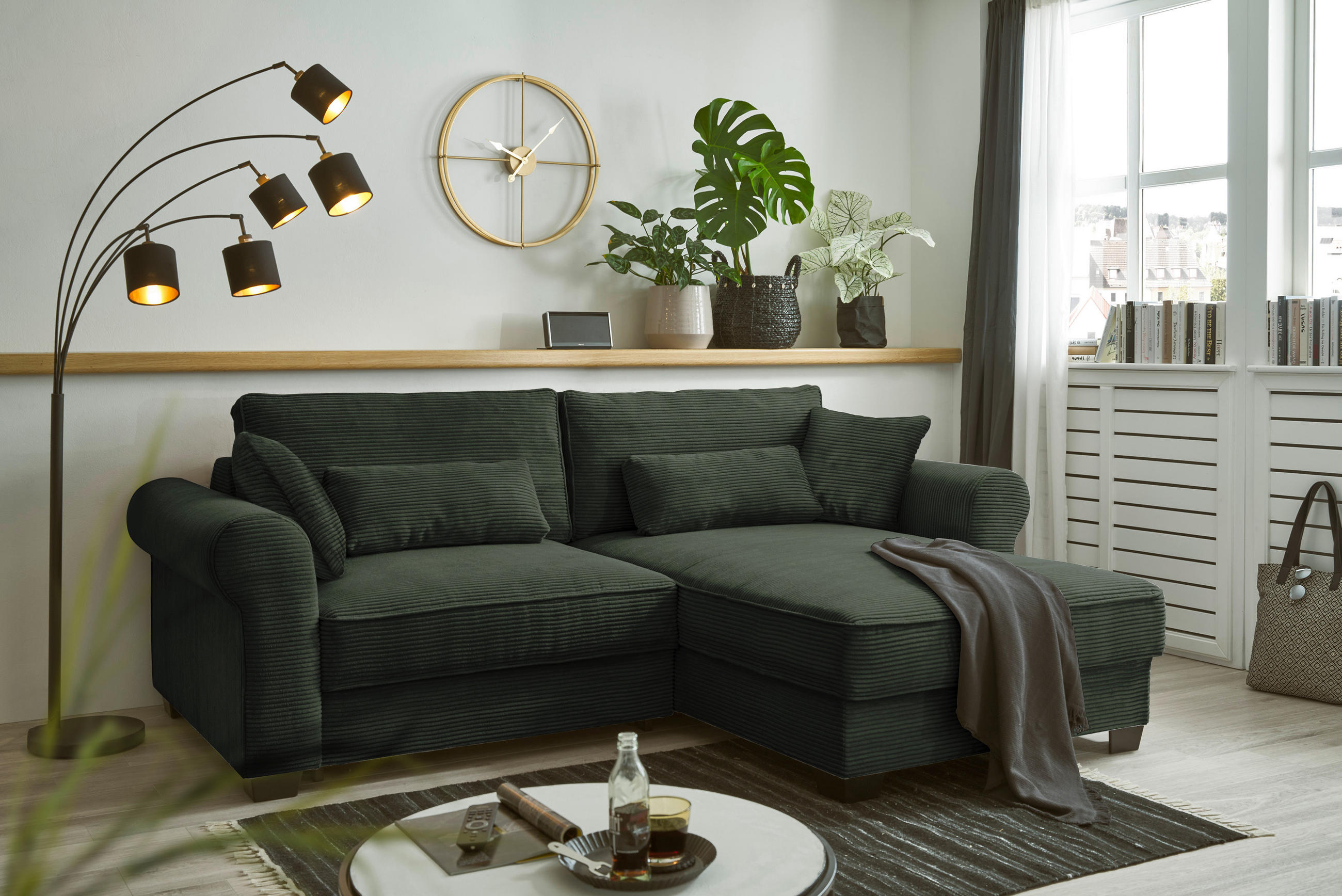 ECKSOFA in Cord Dunkelgrün  - Dunkelgrün/Schwarz, Basics, Kunststoff/Textil (255/92/185cm) - MID.YOU