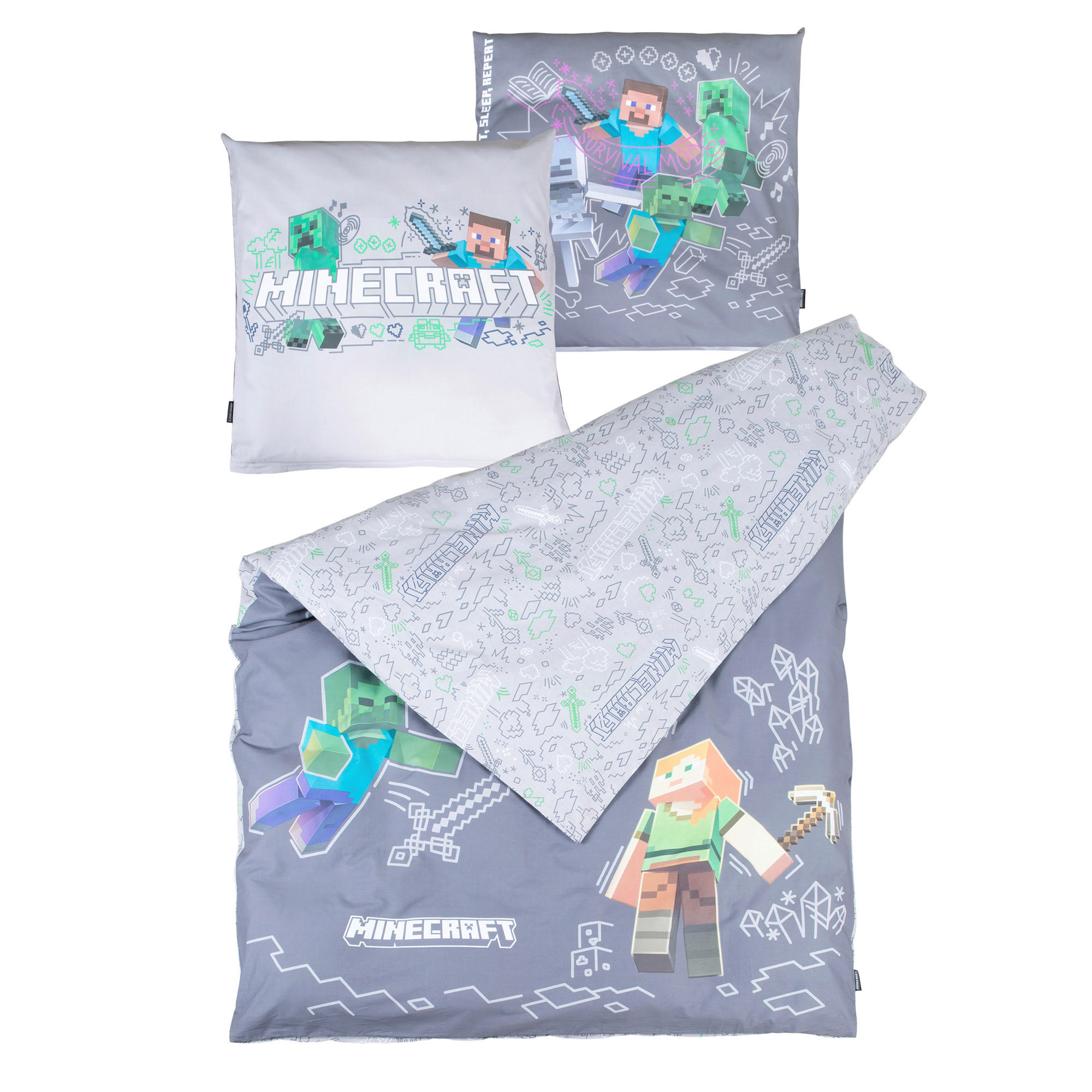 BETTWÄSCHE MINECRAFT Wendebettwäsche Flachgewebe 135/200 cm  - Dunkelgrau/Hellgrau, Trend, Textil (135/200cm) - Minecraft