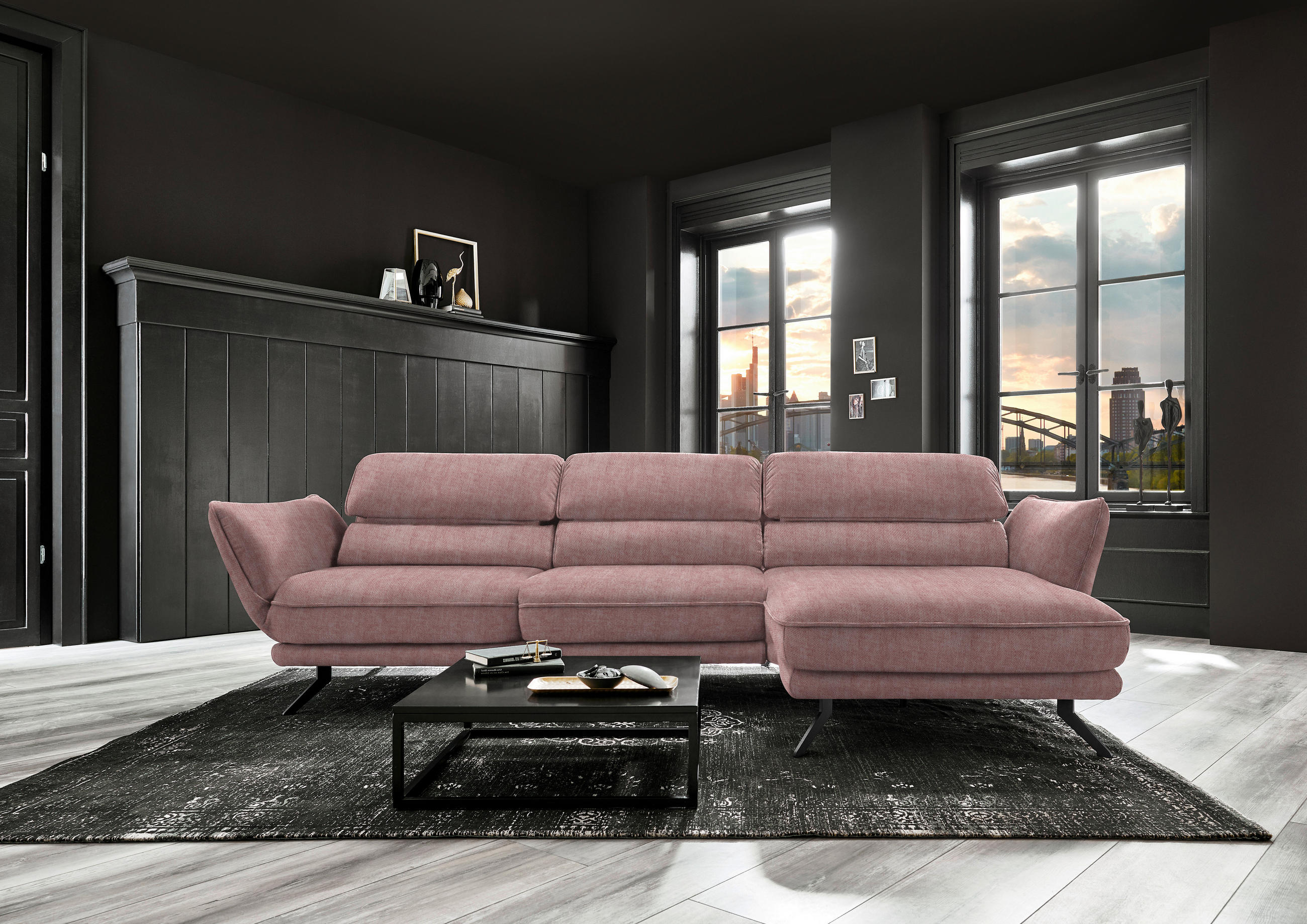 ECKSOFA in Velours Altrosa  - Schwarz/Altrosa, Design, Textil/Metall (283/153cm) - Valdera