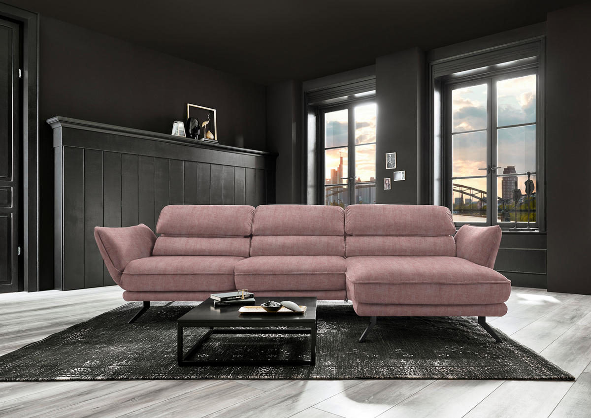 ECKSOFA in Velours Altrosa  - Schwarz/Altrosa, Design, Textil/Metall (283/153cm) - Valdera
