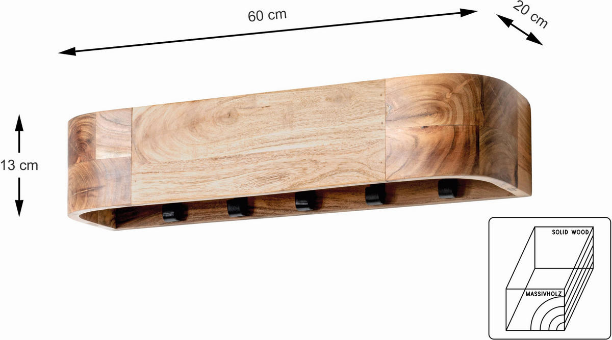 CUIER CU MONTARE PE PERETE - negru/culoare lemn acacia, Konventionell, lemn/metal (60/20/13cm)