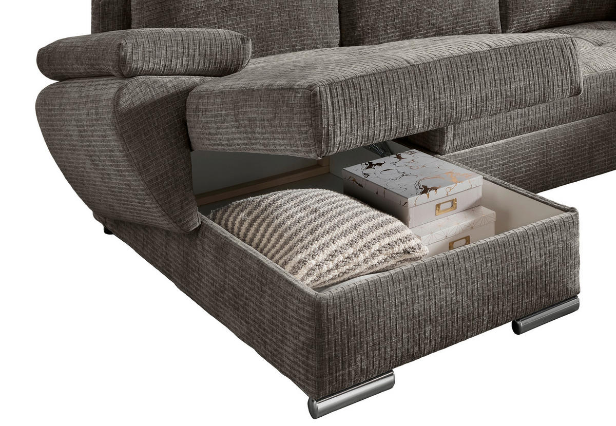 WOHNLANDSCHAFT Graubraun Mikrofaser  - Chromfarben/Graubraun, KONVENTIONELL, Textil/Metall (157/305/219cm) - Livetastic