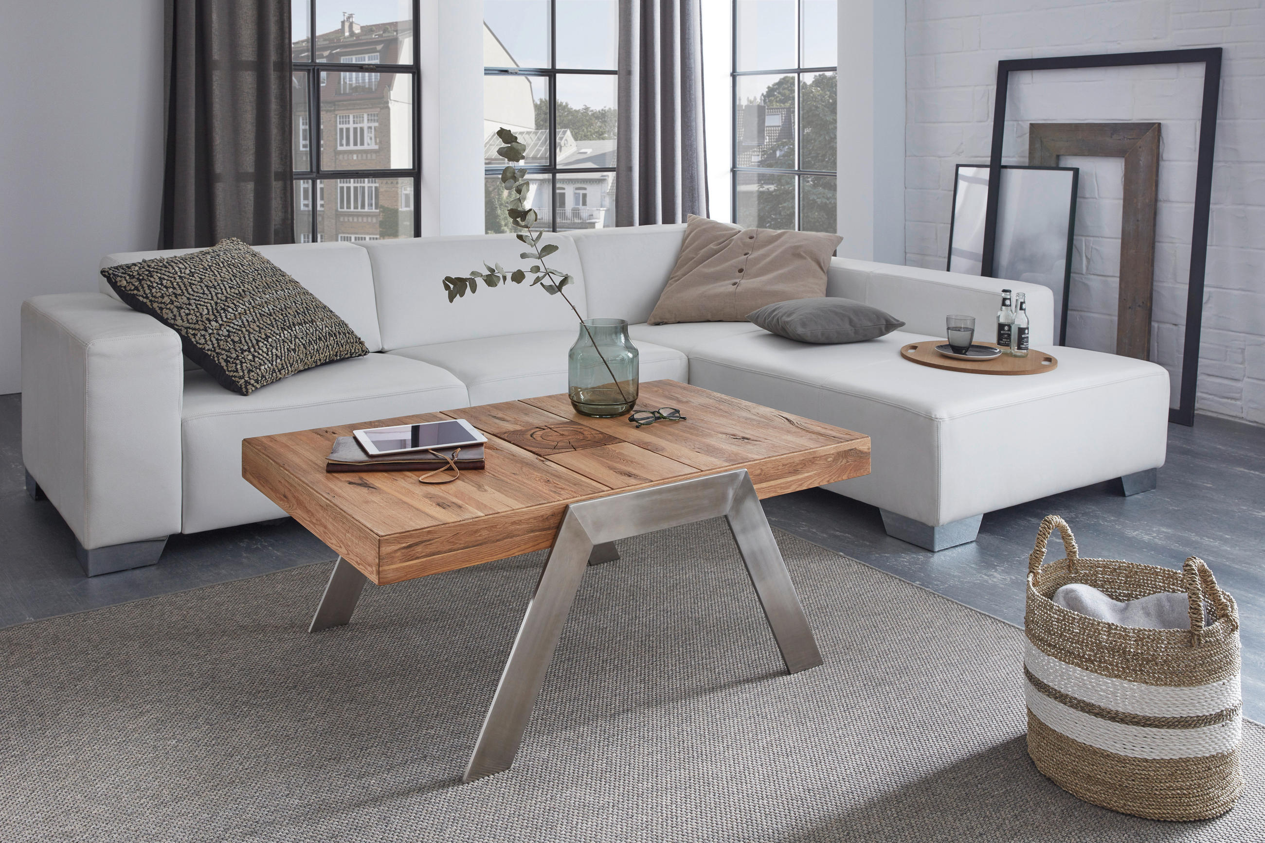 COUCHTISCH in Holz, Metall 110/70/45 cm  - Edelstahlfarben/Eichefarben, Basics, Holz/Metall (110/70/45cm) - Venda