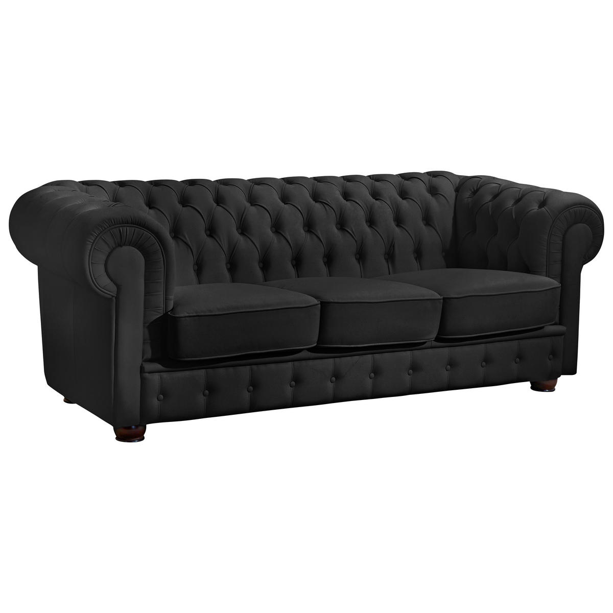 CHESTERFIELD-DREISITZER-SOFA in Echtleder Schwarz  - Nussbaumfarben/Schwarz, Design, Leder/Holz (200/76/98cm) - Max Winzer