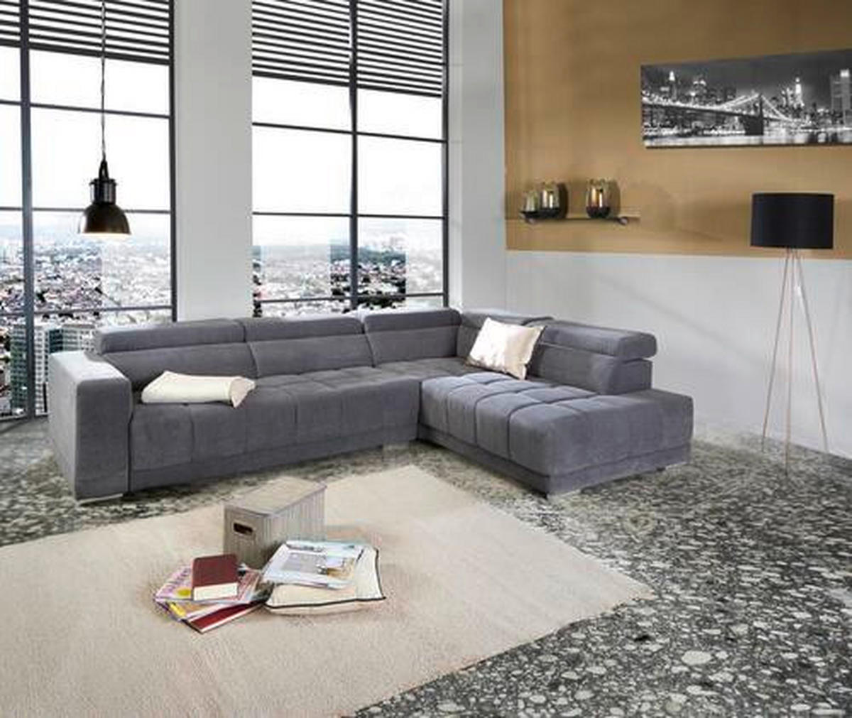 Wohnlandschaft "Hogan" , in Webstoff Grau  - Silberfarben/Grau, Modern, Holz/Textil (299/212cm) - Livetastic