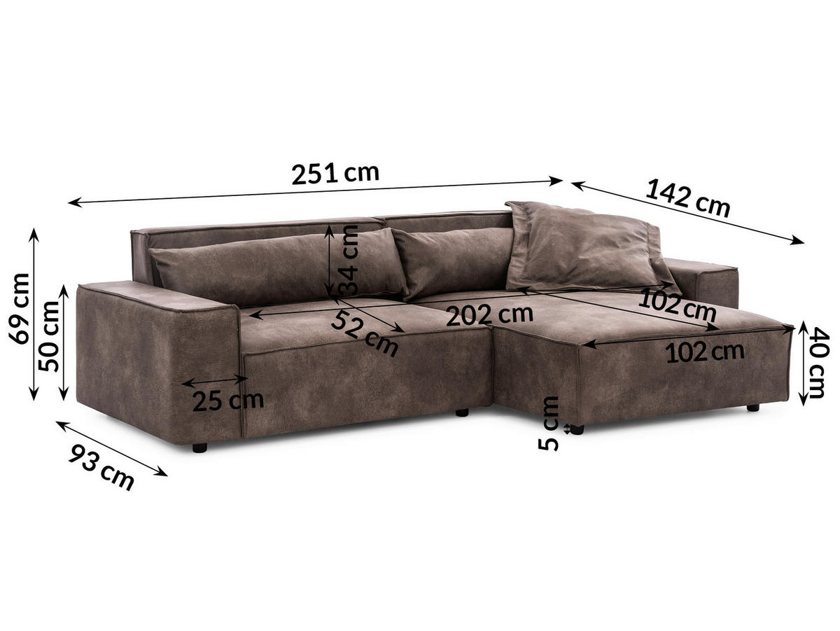 ECKSOFA Curduroy in Lederlook Graubraun Rückenkissen  251/142 cm  - Graubraun/Schwarz, Design, Kunststoff/Textil (251/142cm) - P & B