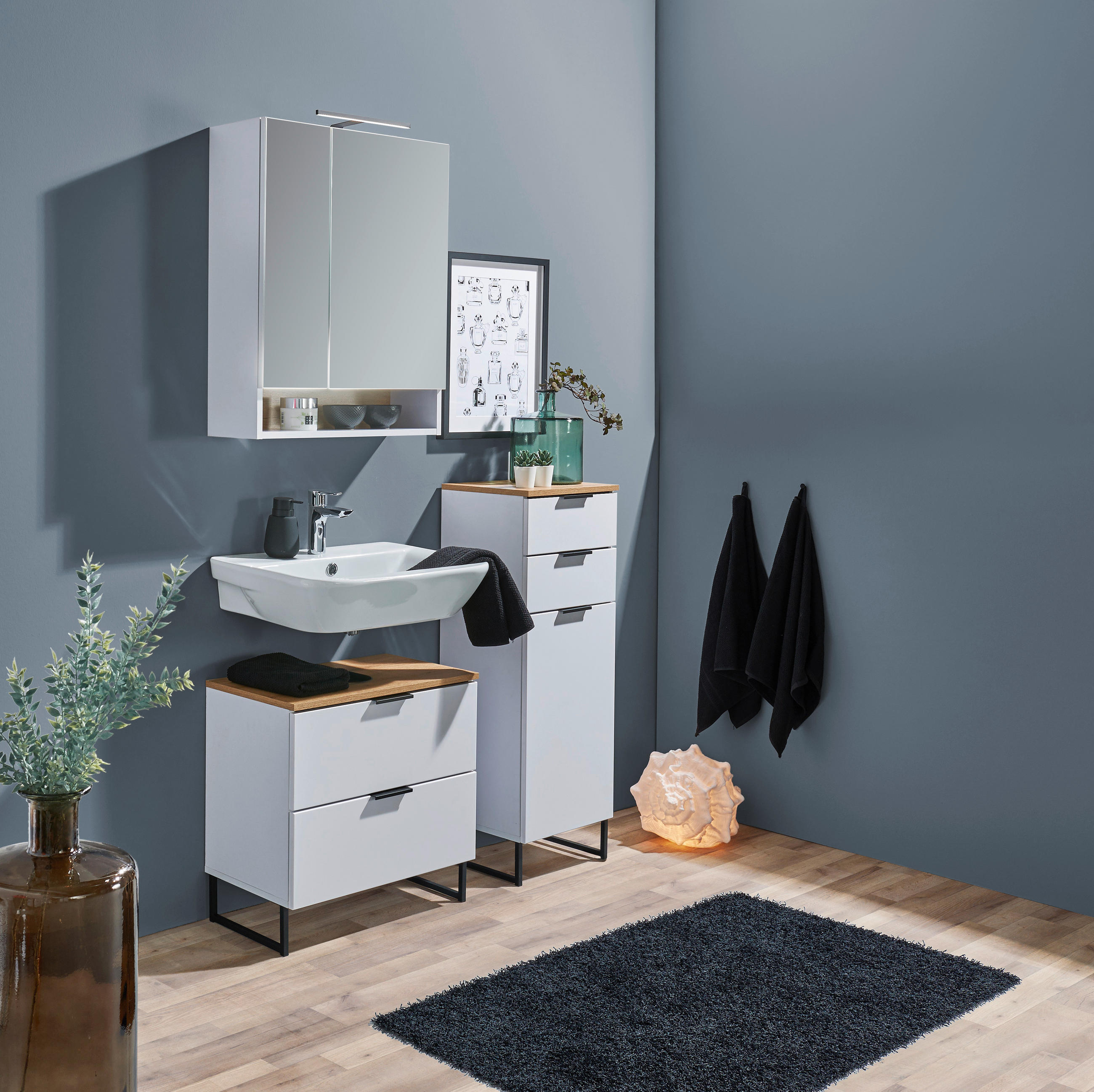 MIDISCHRANK 38/106/32 cm  - Eichefarben/Schwarz, KONVENTIONELL, Holzwerkstoff/Metall (38/106/32cm) - home24