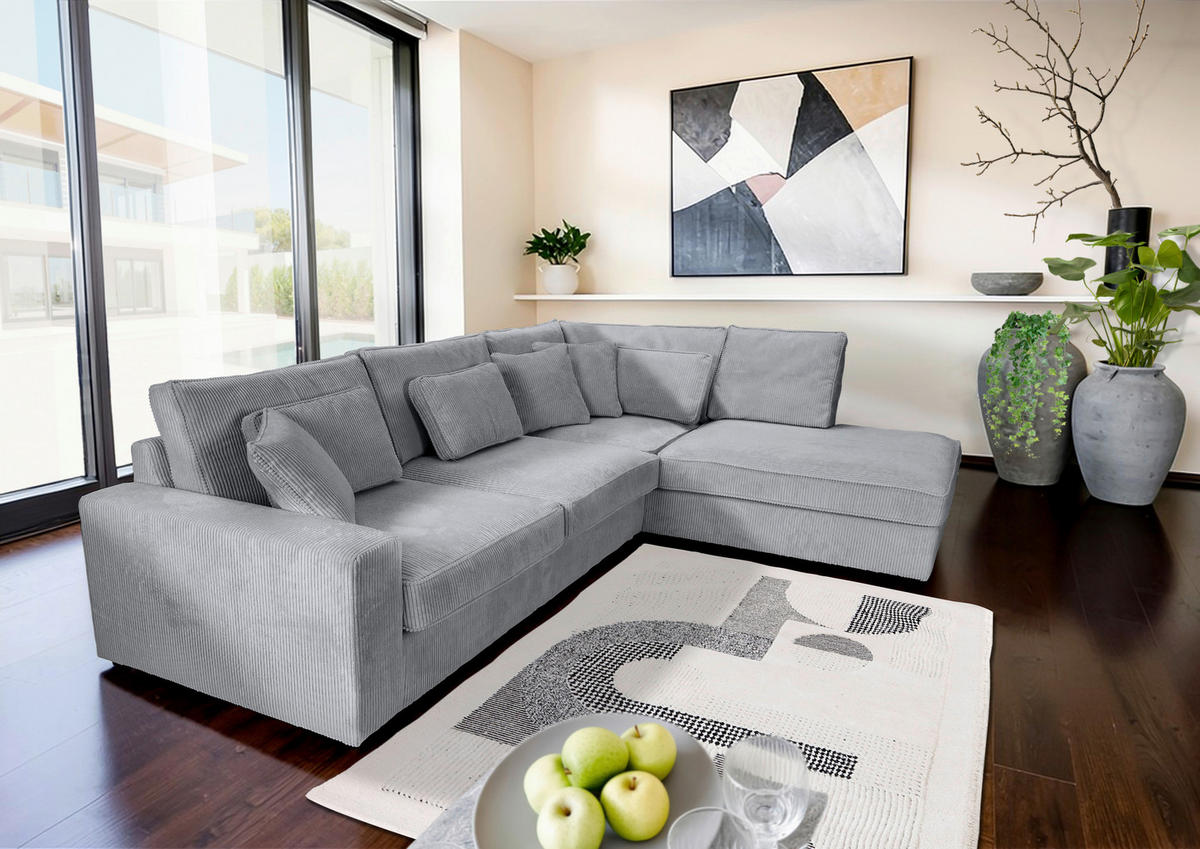 ECKSOFA  in Cord Hellgrau Zierkissen, Rückenkissen, Rücken echt  307/228 cm  - Hellgrau/Schwarz, MODERN, Kunststoff/Textil (307/228cm) - Carryhome