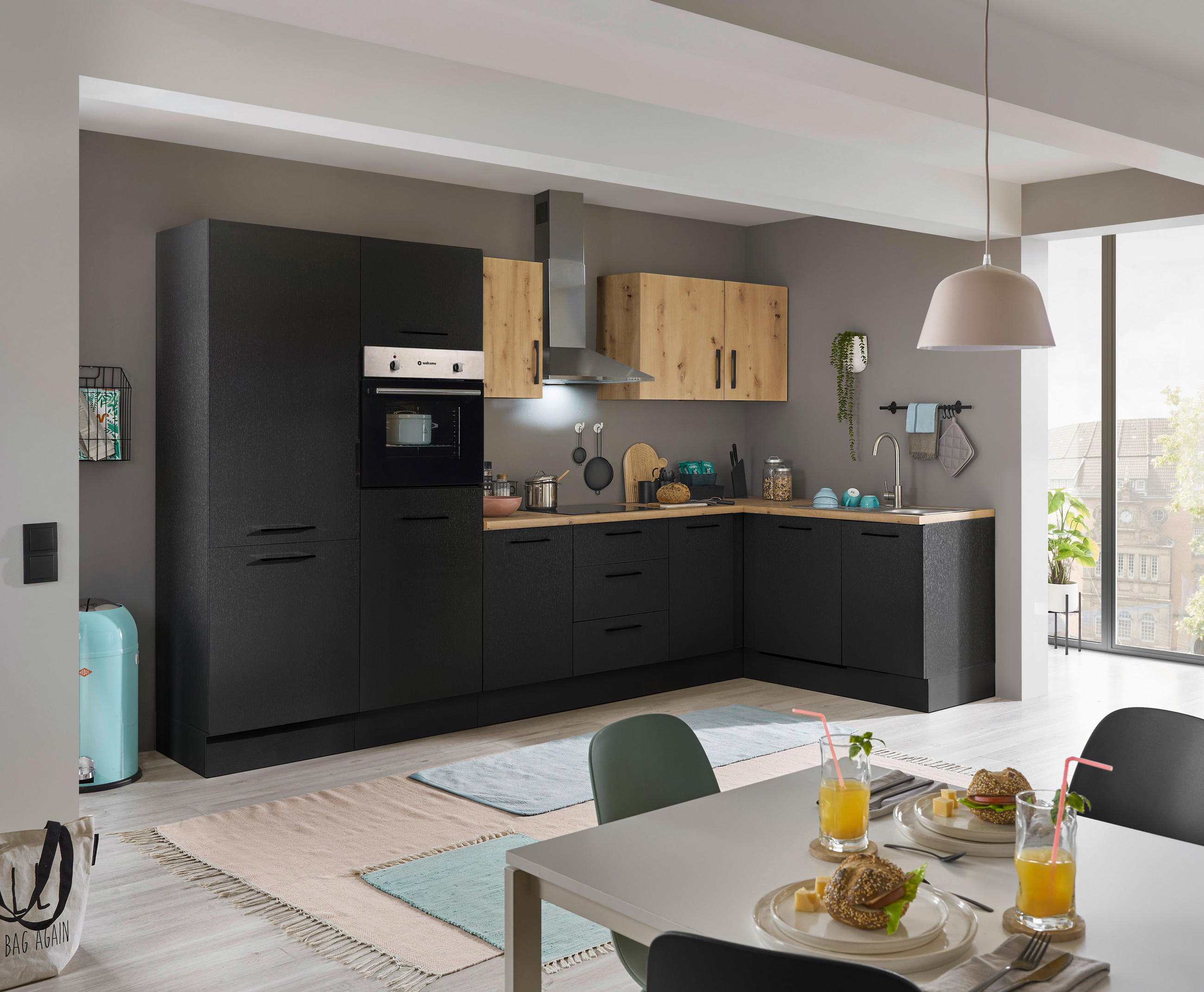 P & B Eckküche Eiche Artisan, Schwarz 340x175 cm
