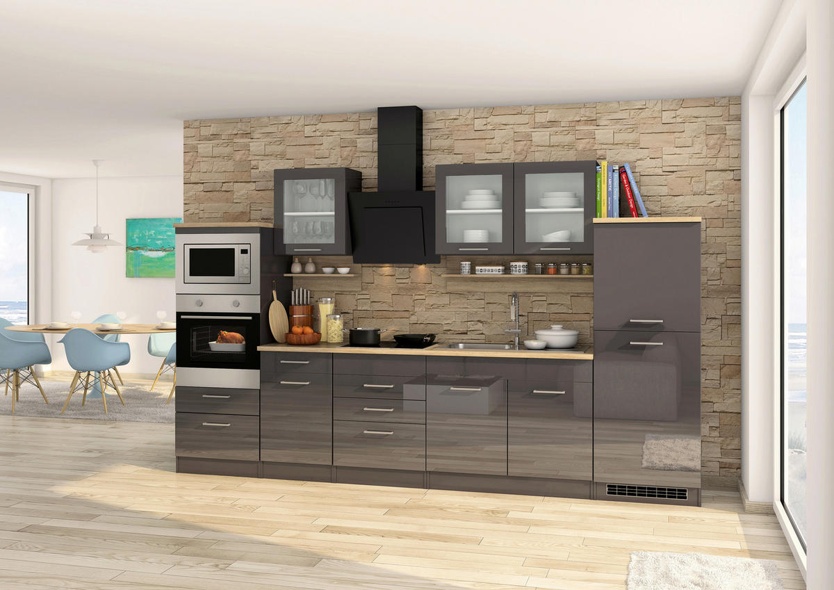 KÜCHENBLOCK 330 cm   in Graphitfarben  - Silberfarben/Graphitfarben, Modern, Glas/Holzwerkstoff (330cm) - Held