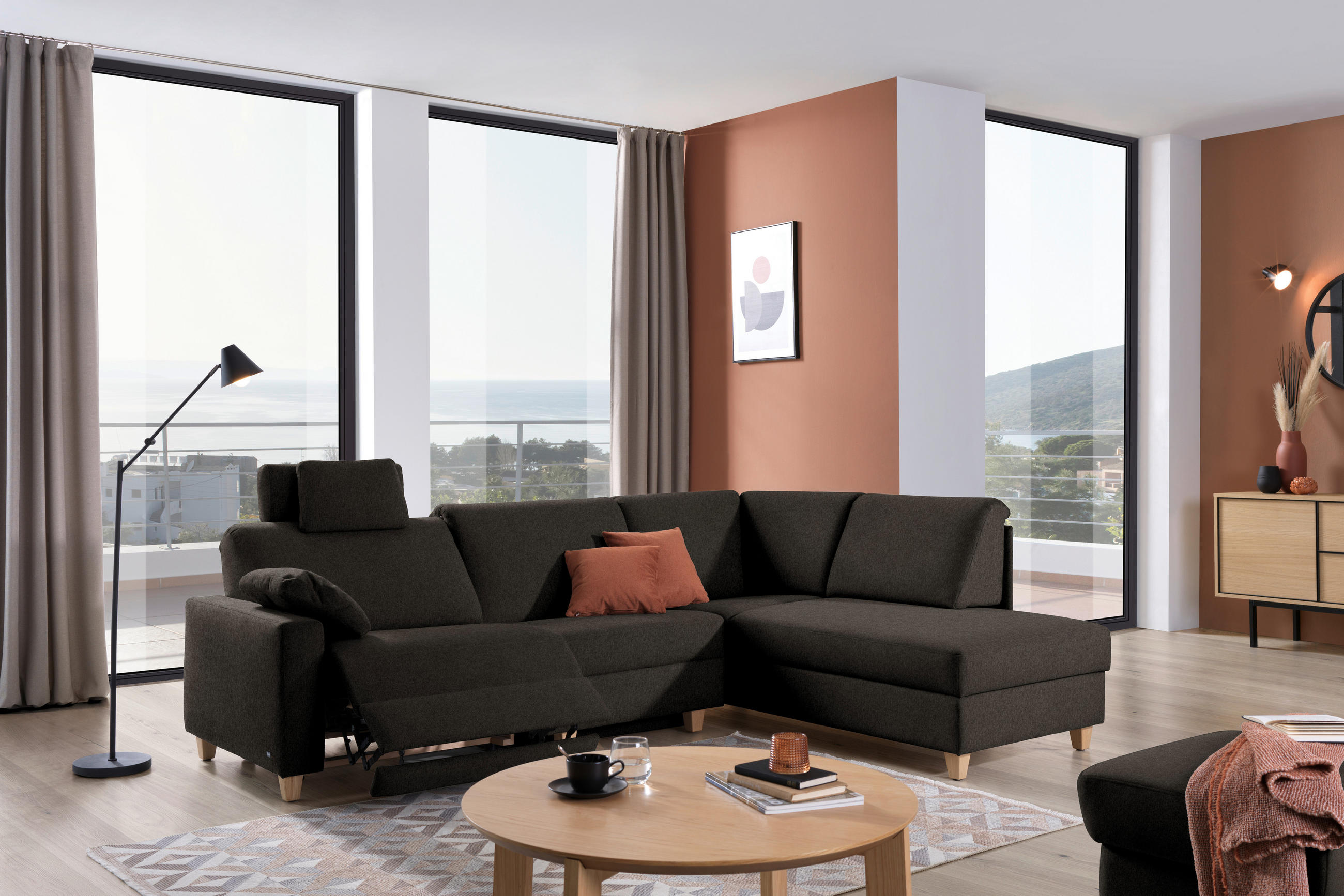 ECKSOFA in Flachgewebe Dunkelbraun  261/203 cm  - Eichefarben/Dunkelbraun, KONVENTIONELL, Holz/Textil (261/203cm) - Sedda