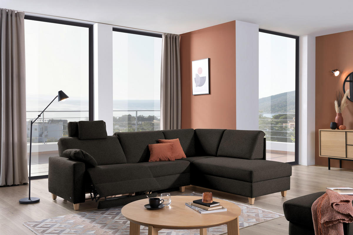 ECKSOFA in Flachgewebe Dunkelbraun  261/203 cm  - Eichefarben/Dunkelbraun, KONVENTIONELL, Holz/Textil (261/203cm) - Sedda