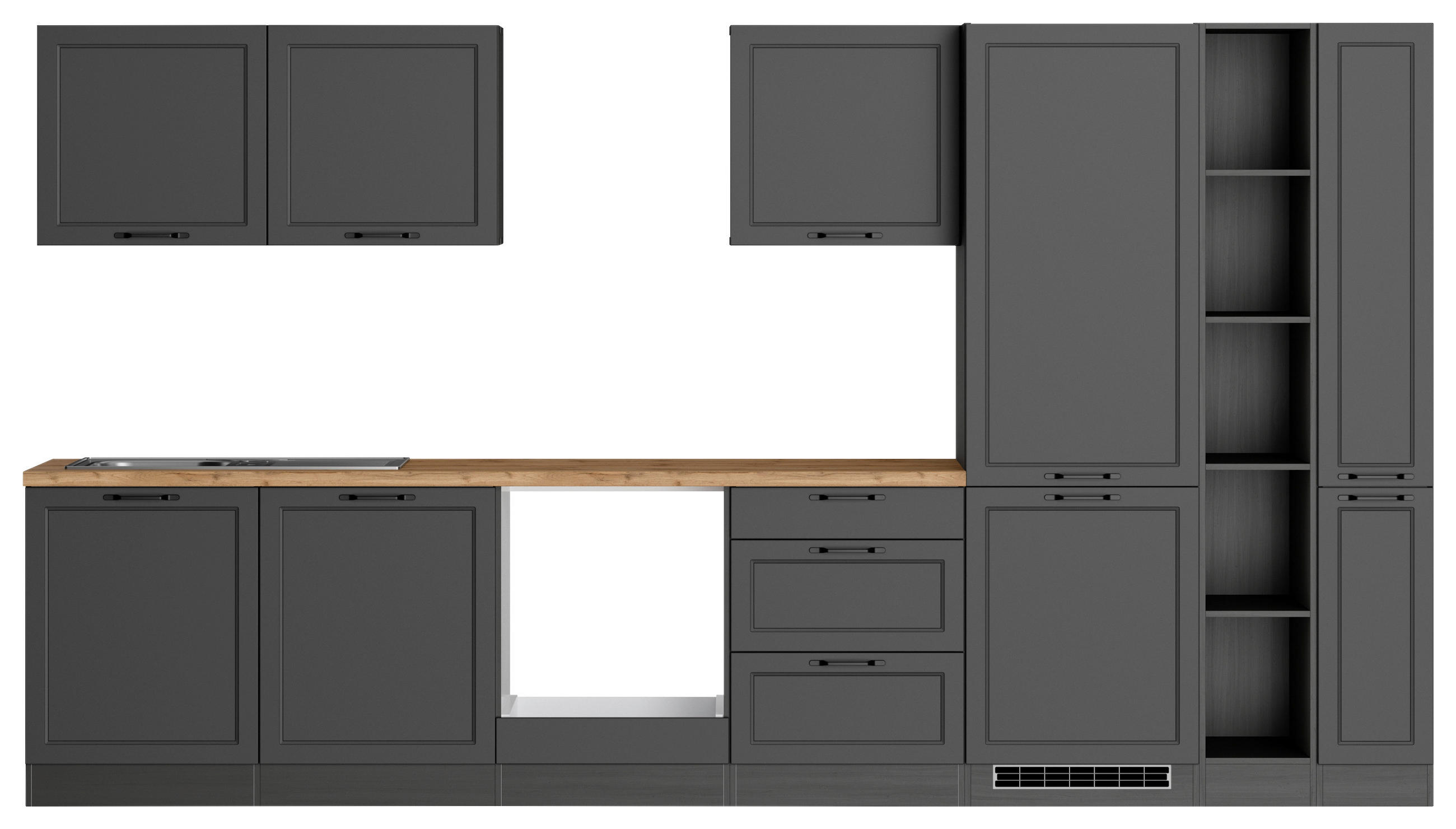 KÜCHENLEERBLOCK 360 cm   in Grau, Eiche Wotan  - Eiche Wotan/Schwarz, LIFESTYLE, Holzwerkstoff/Metall (360cm) - Held