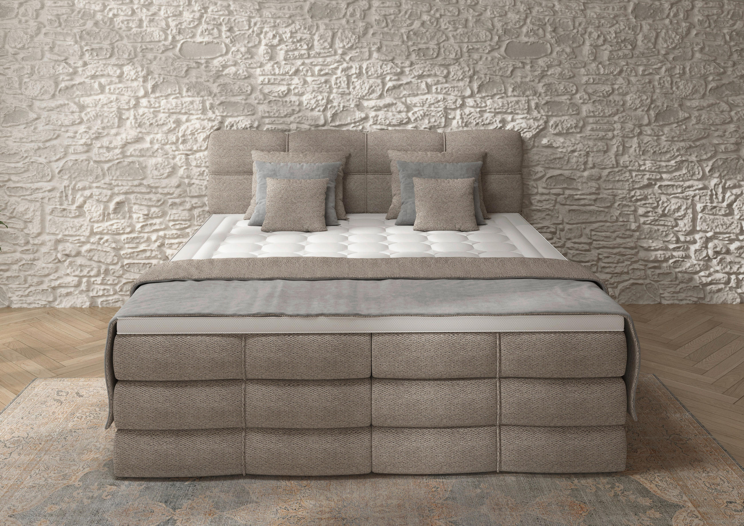 BOXSPRINGBETT 180/200 cm,  in Sandfarben, gepolstertes Kopfteil, Bettkasten, Topper, Matratzen, H3 + H3 = fest  - Sandfarben/Schwarz, Design, Kunststoff/Textil (180/200cm) - Chameo