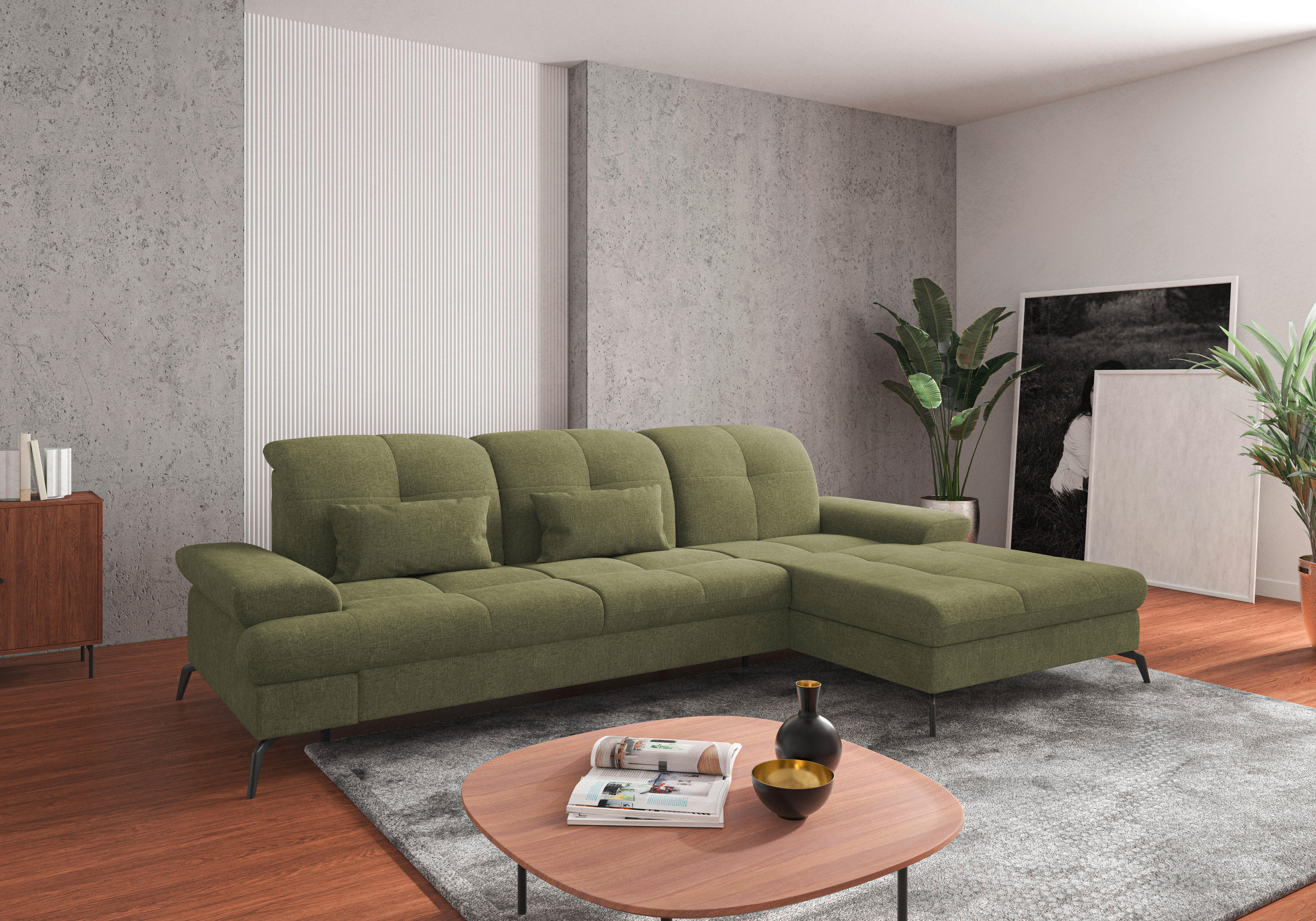 ECKSOFA Hellgrün Flachgewebe  - Schwarz/Hellgrün, KONVENTIONELL, Textil/Metall (279/185cm) - Sit & More