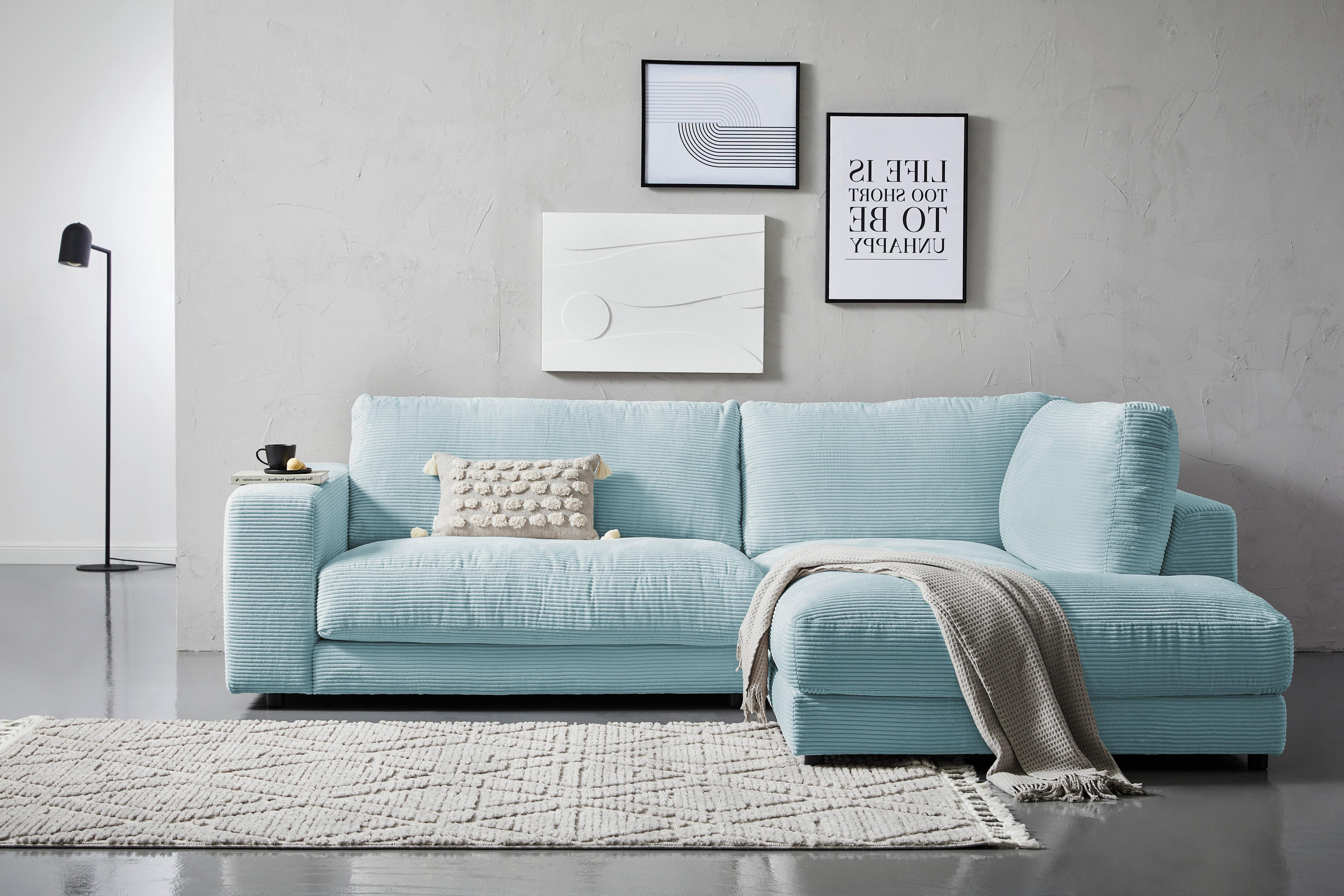ECKSOFA Hellblau Cord  - Schwarz/Hellblau, Design, Kunststoff/Textil (265/224cm) - Hom`in