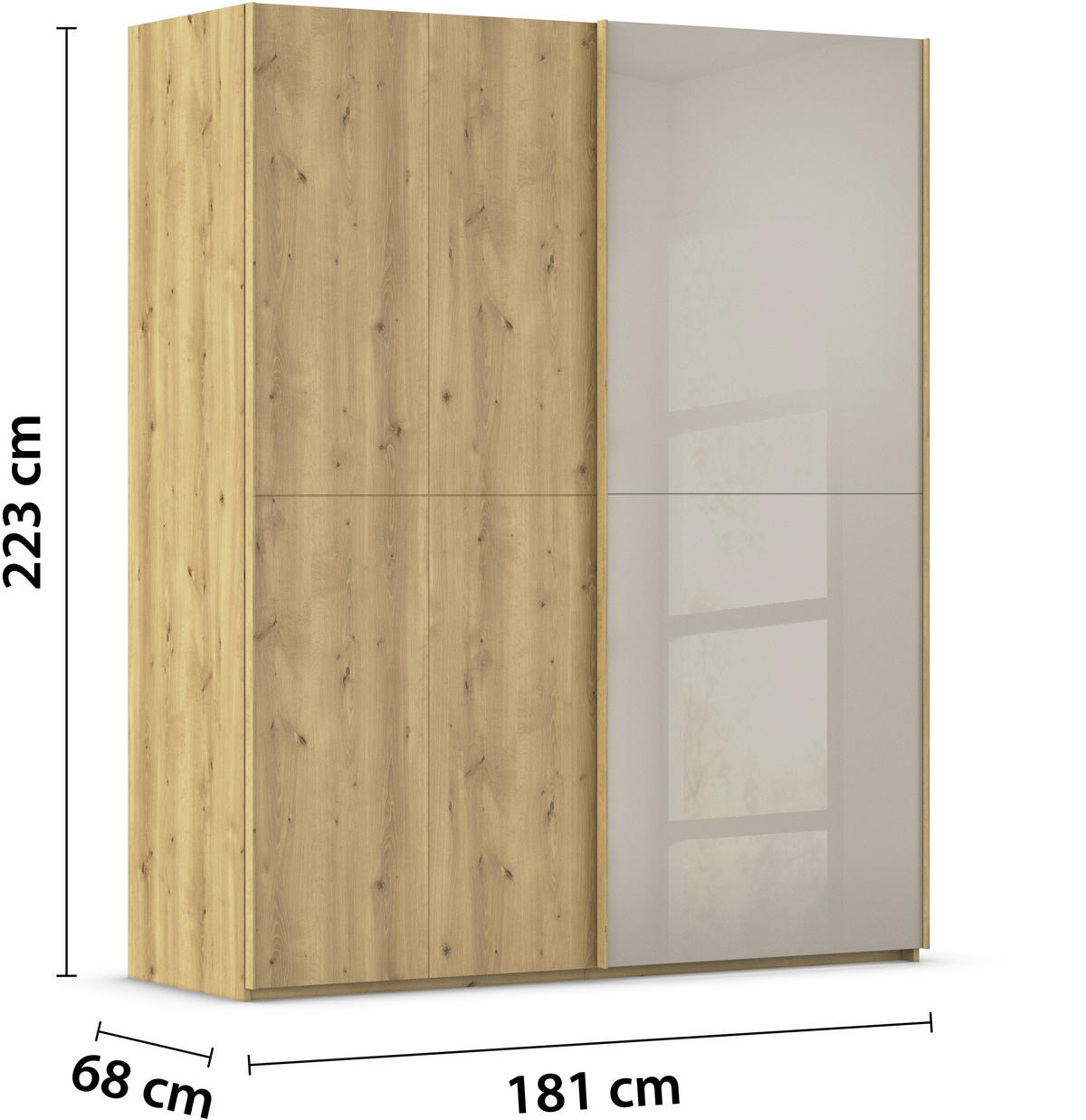 SCHWEBETÜRENSCHRANK 180/223/68 cm 2-türig Eichefarben, Fango  - Fango/Eichefarben, Design, Glas/Holz (180/223/68cm) - Novel