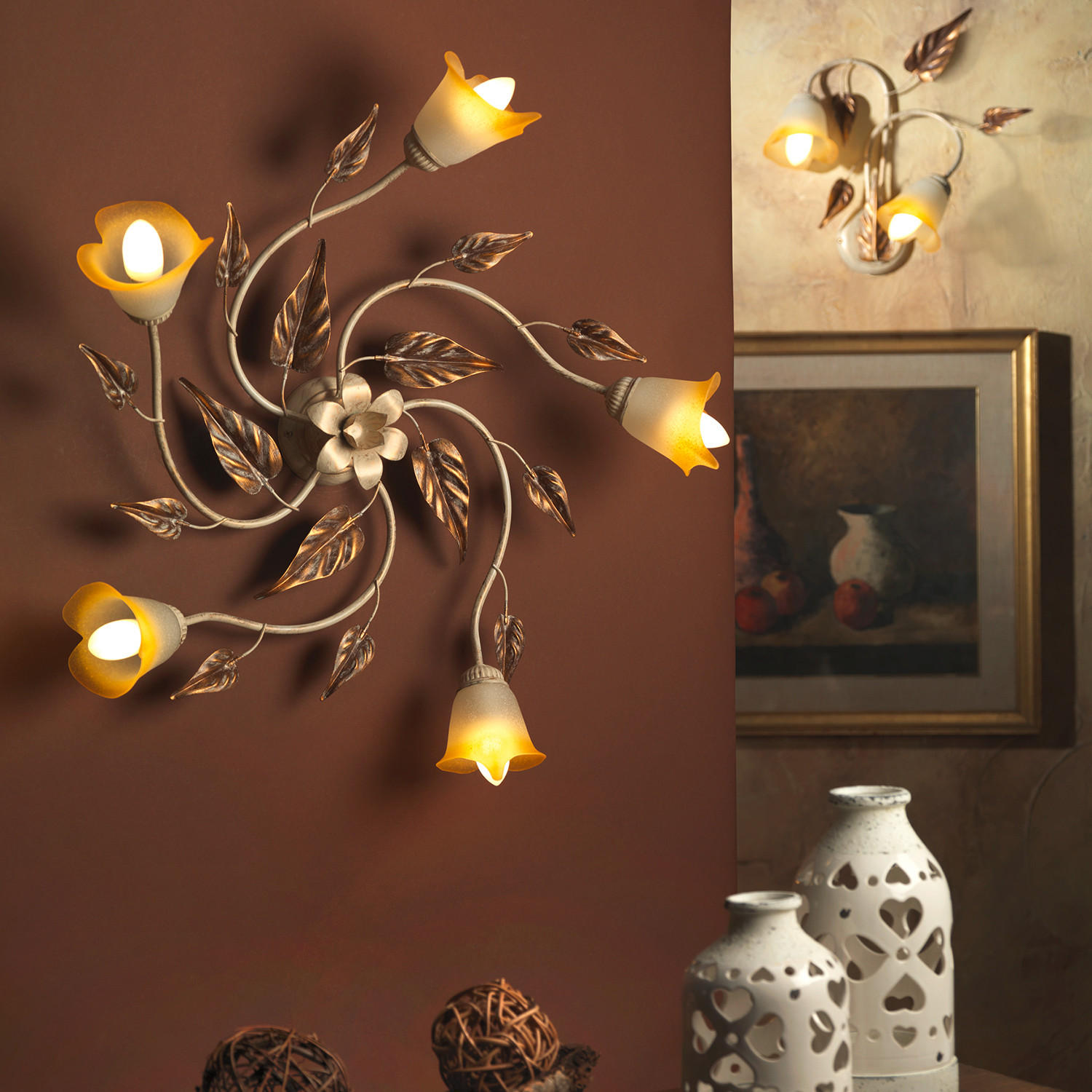 DECKENLEUCHTE 70/70/20 cm - Beige/Weiß, Natur, Glas/Metall (70/70/20cm)