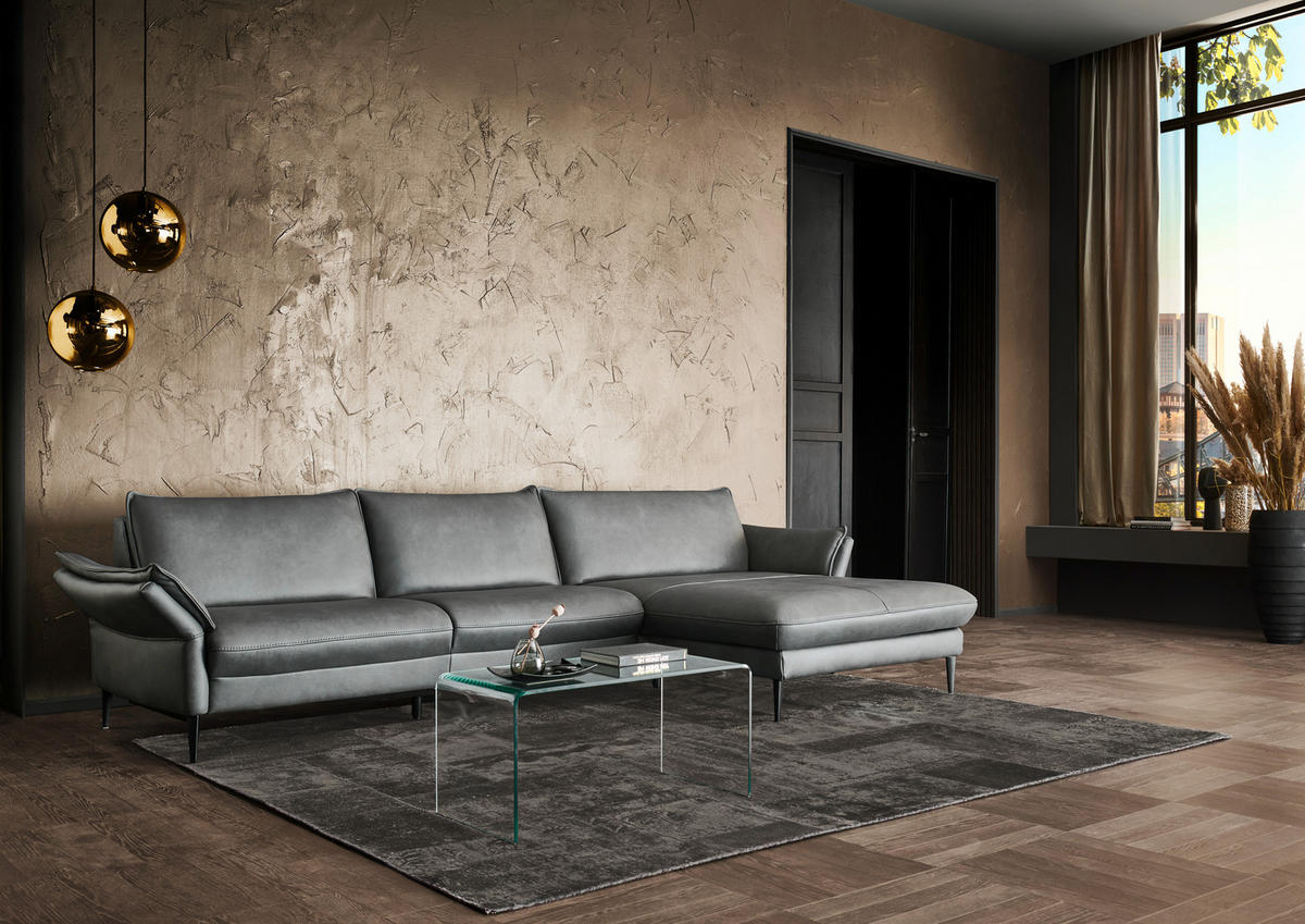 ECKSOFA in Echtleder Anthrazit  - Anthrazit/Schwarz, Design, Leder/Metall (334/172cm) - Hukla