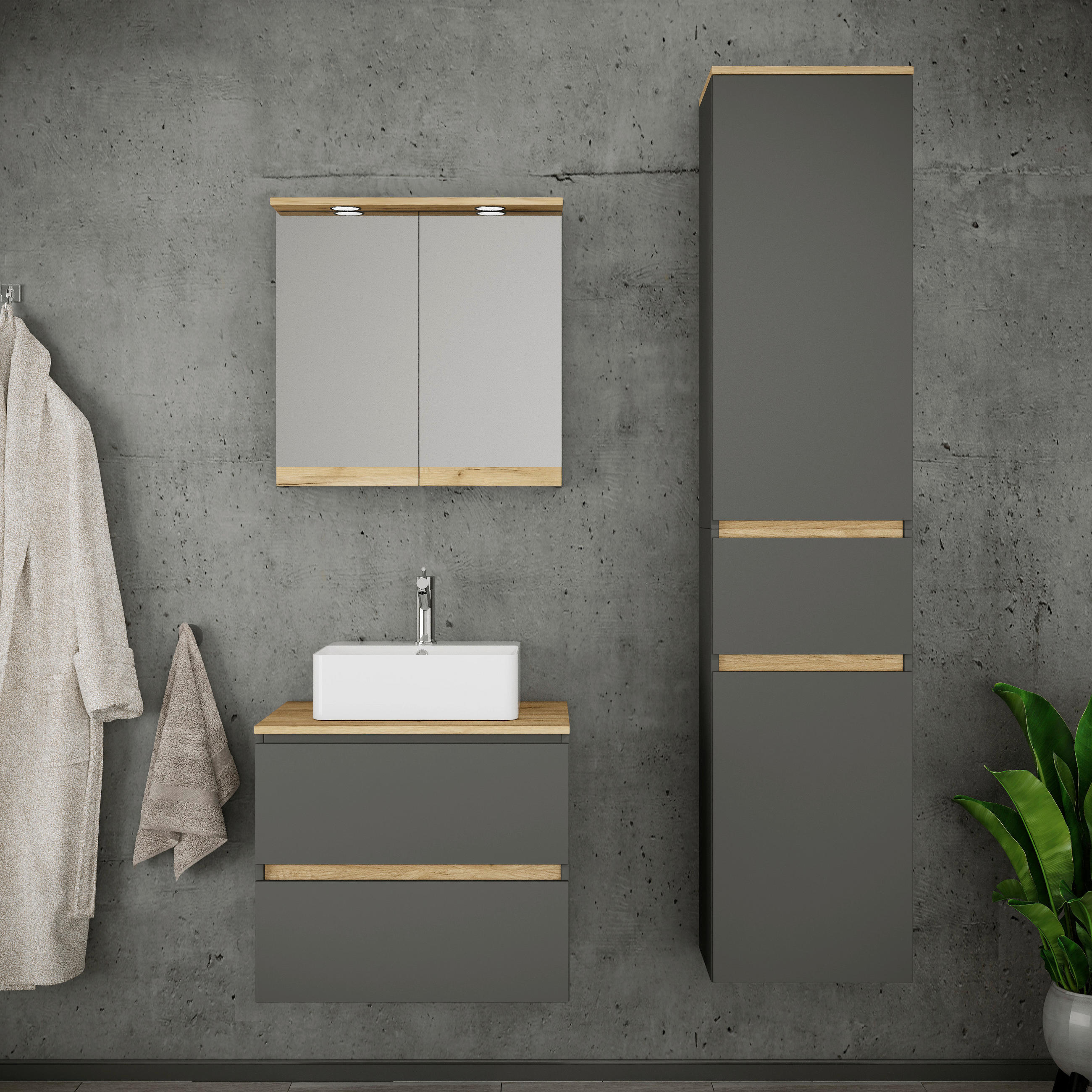 BADEZIMMER 4-teilig  in 90 cm  - Honigeiche/Anthrazit, Trend, Keramik/Holzwerkstoff (90cm) - MID.YOU
