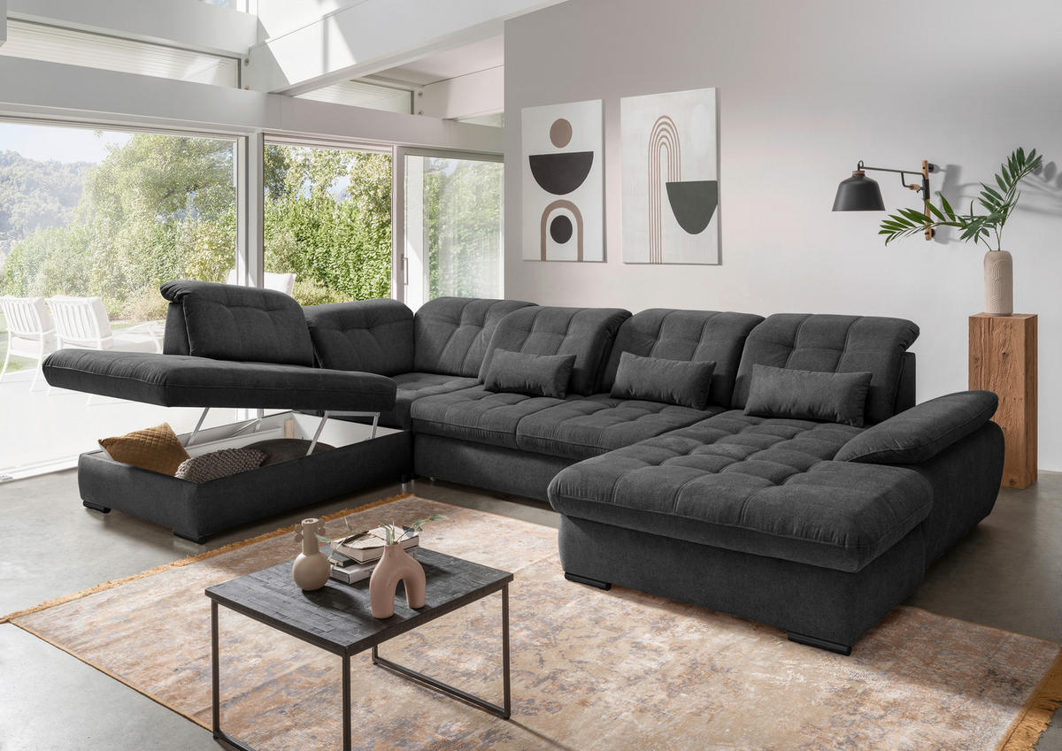 WOHNLANDSCHAFT Anthrazit Chenille  - Anthrazit/Schwarz, MODERN, Textil/Metall (252/387/184cm) - Livetastic