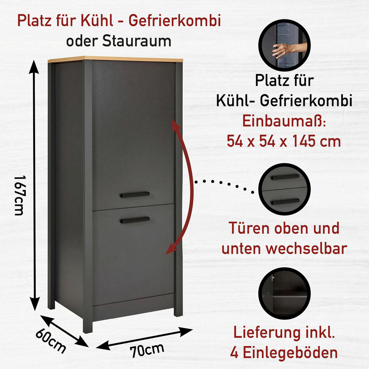 KÜCHENLEERBLOCK   in Anthrazit, Eiche Artisan  - Anthrazit/Schwarz, MODERN, Glas/Holzwerkstoff (370/167/60cm) - home24
