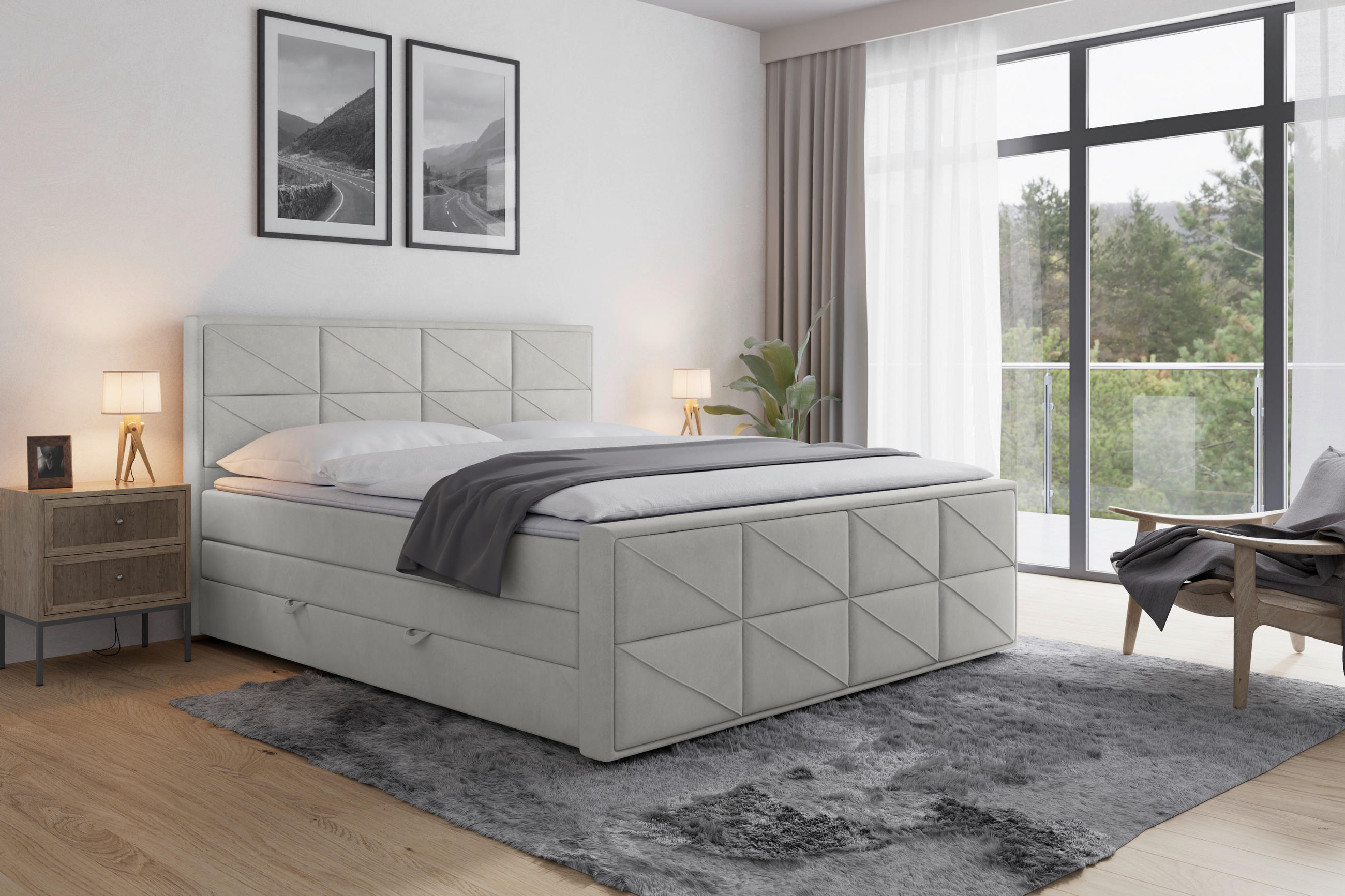 BOXSPRINGBETT 180/200 cm  in Hellgrau  - Hellgrau/Schwarz, MODERN, Karton/Holzwerkstoff (180/200cm) - MID.YOU